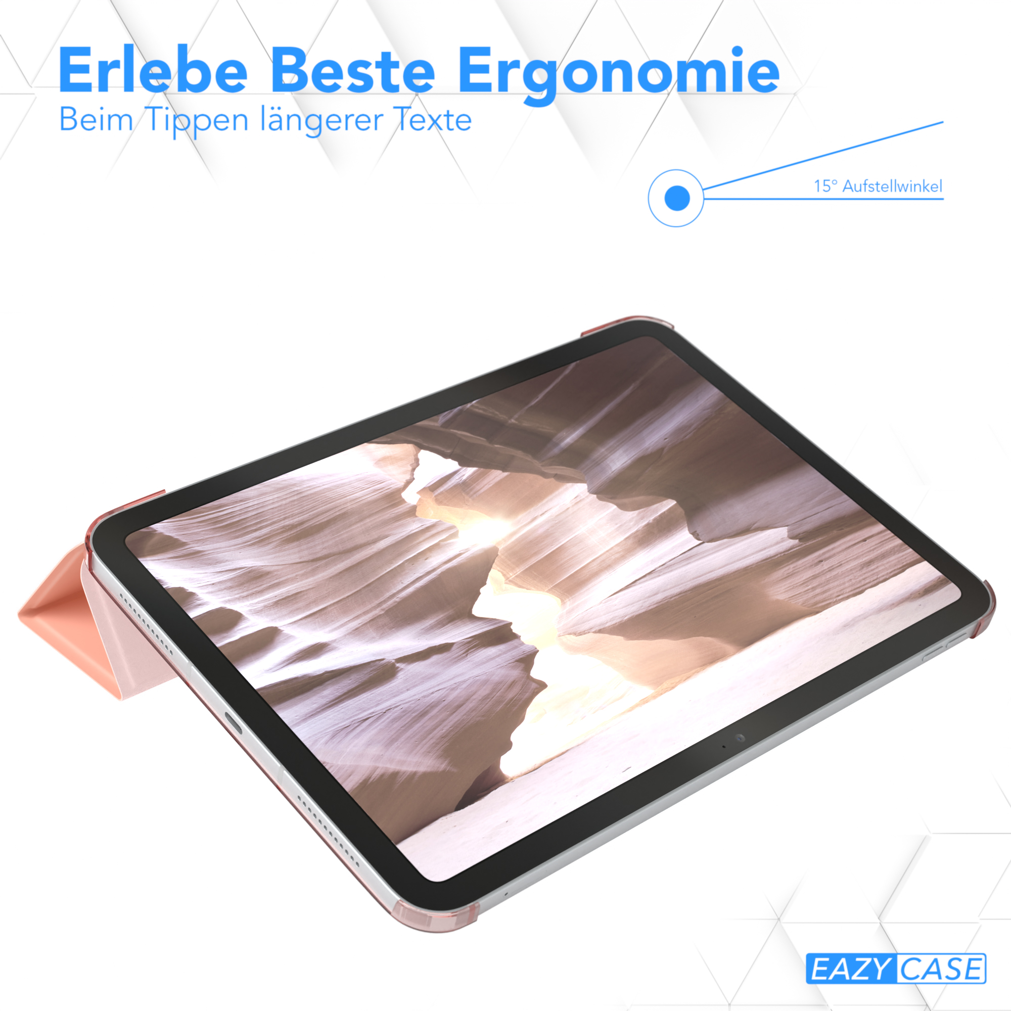 Tablet in rosa Hülle, um 15 Grad geneigt. Bildschirm zeigt Canyon-Ansicht.