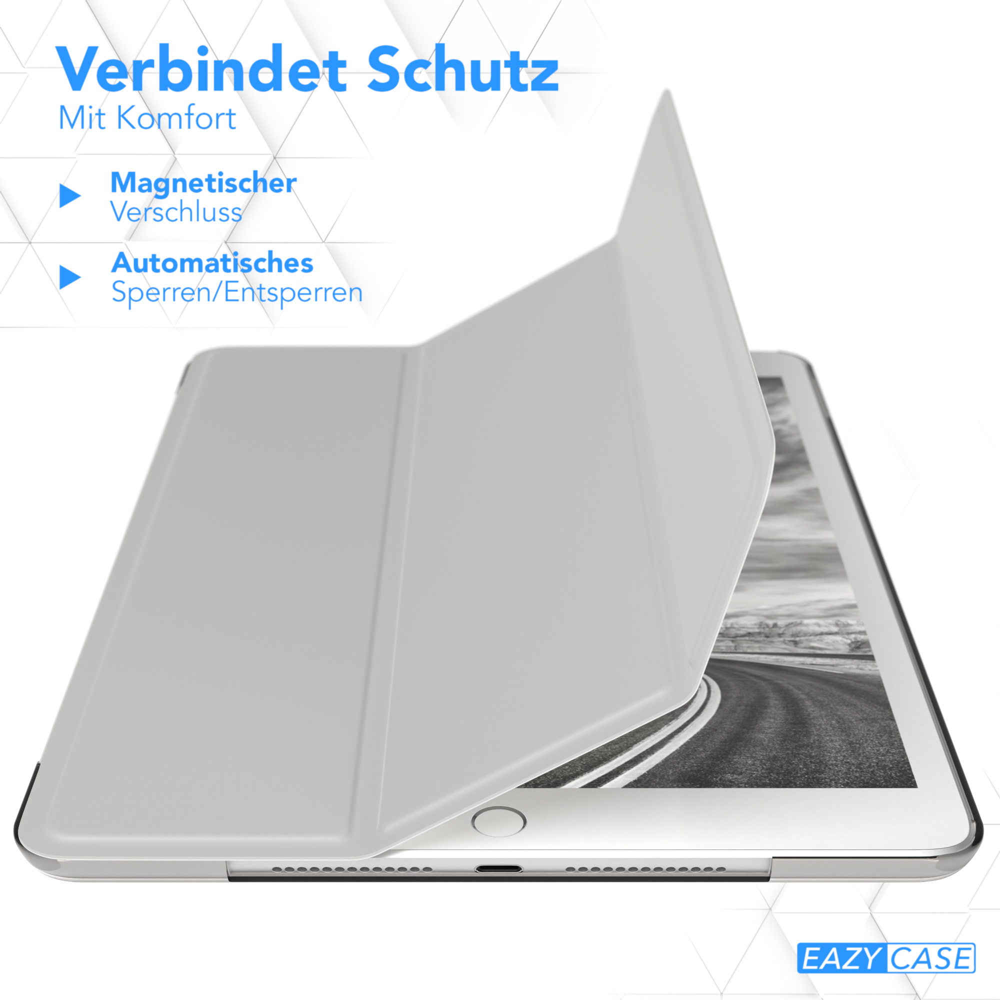 Weißes Tablet mit magnetischer Verschluss-Hülle. Die Hülle ist weiß und das Tablet ist geöffnet.