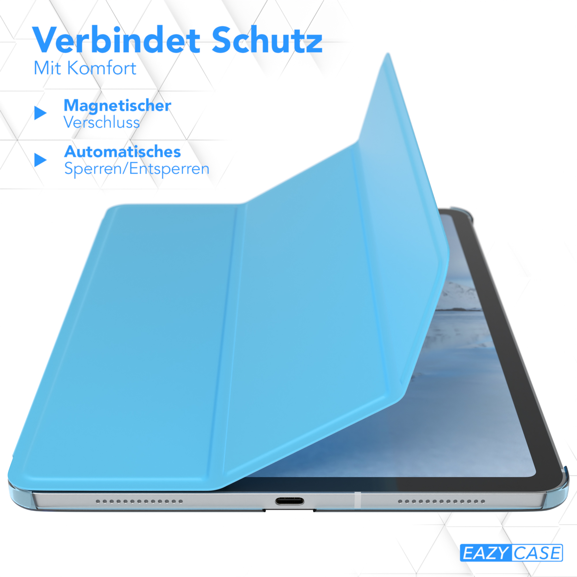 Eine blaue iPad-Hülle, teilweise geöffnet, mit weißem Hintergrund.