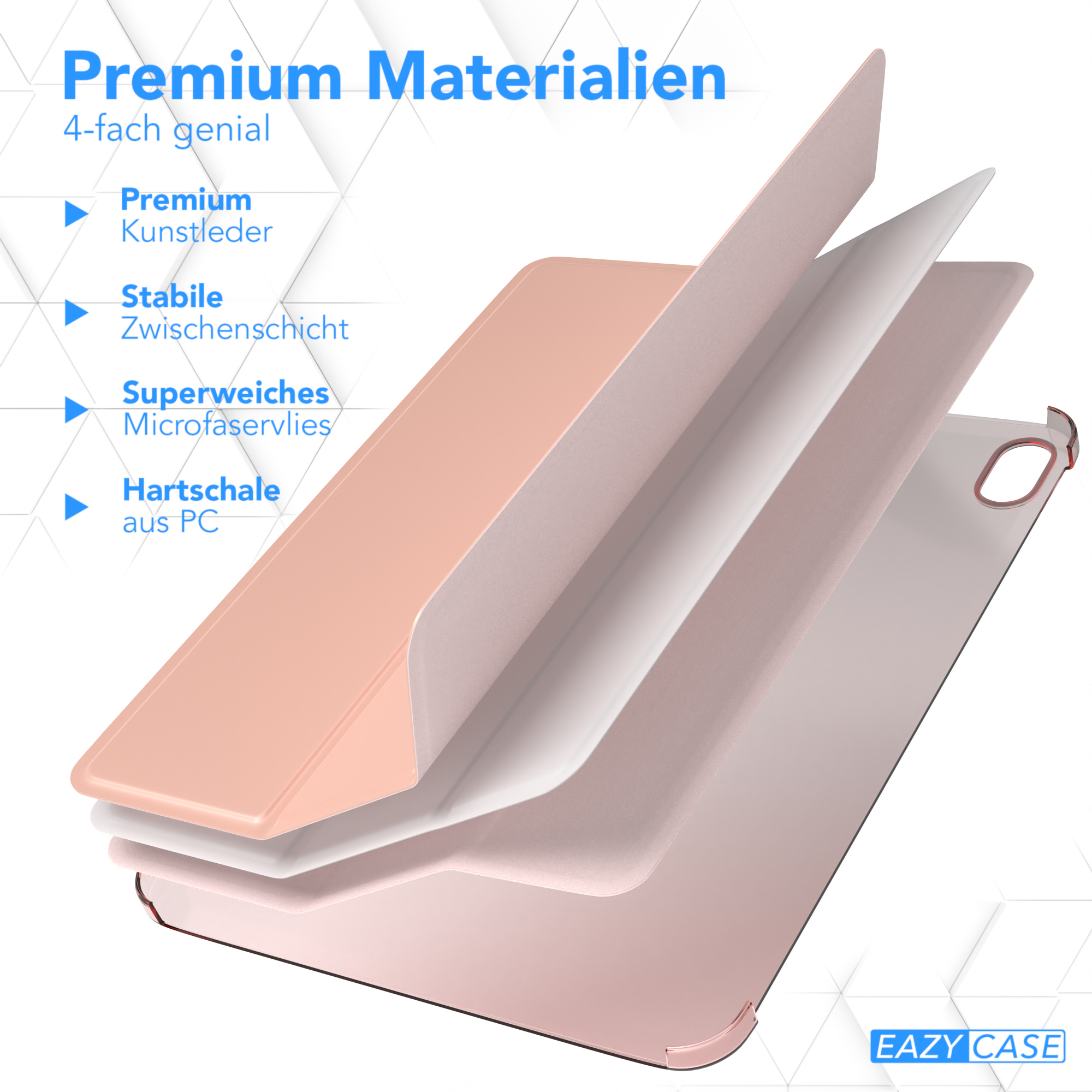 Rosa Tablet-Hülle mit vier Materialschichten: Premium-Leder, eine Mittelschicht und eine PC-Schale.