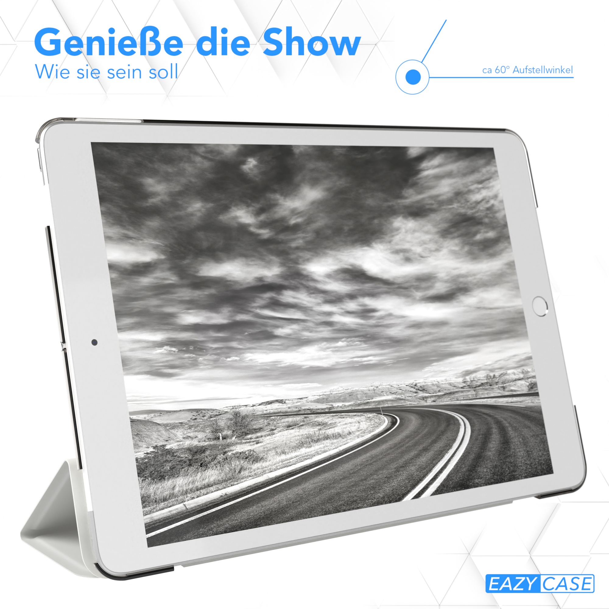 Ein Tablet zeigt eine Straßenszene in einem weißen Gehäuse, auf weißer Oberfläche aufgestellt.