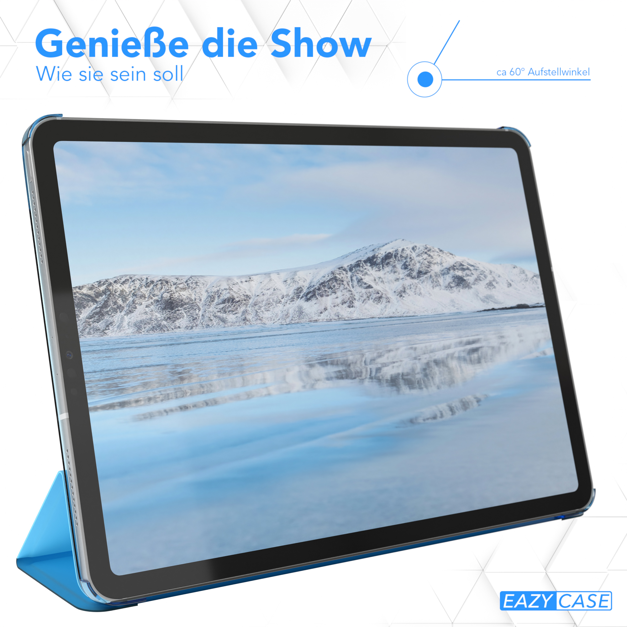 Tablet mit blauem Cover, das eine Winterlandschaft zeigt. Text oben sagt 'Genieße die Show'.