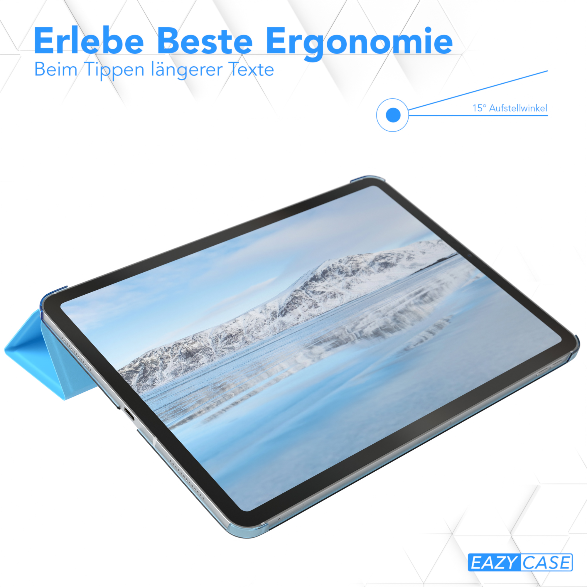 Tablet in blauem Gehäuse, bis zu 15 Grad geneigt. Blauer Text steht unten.