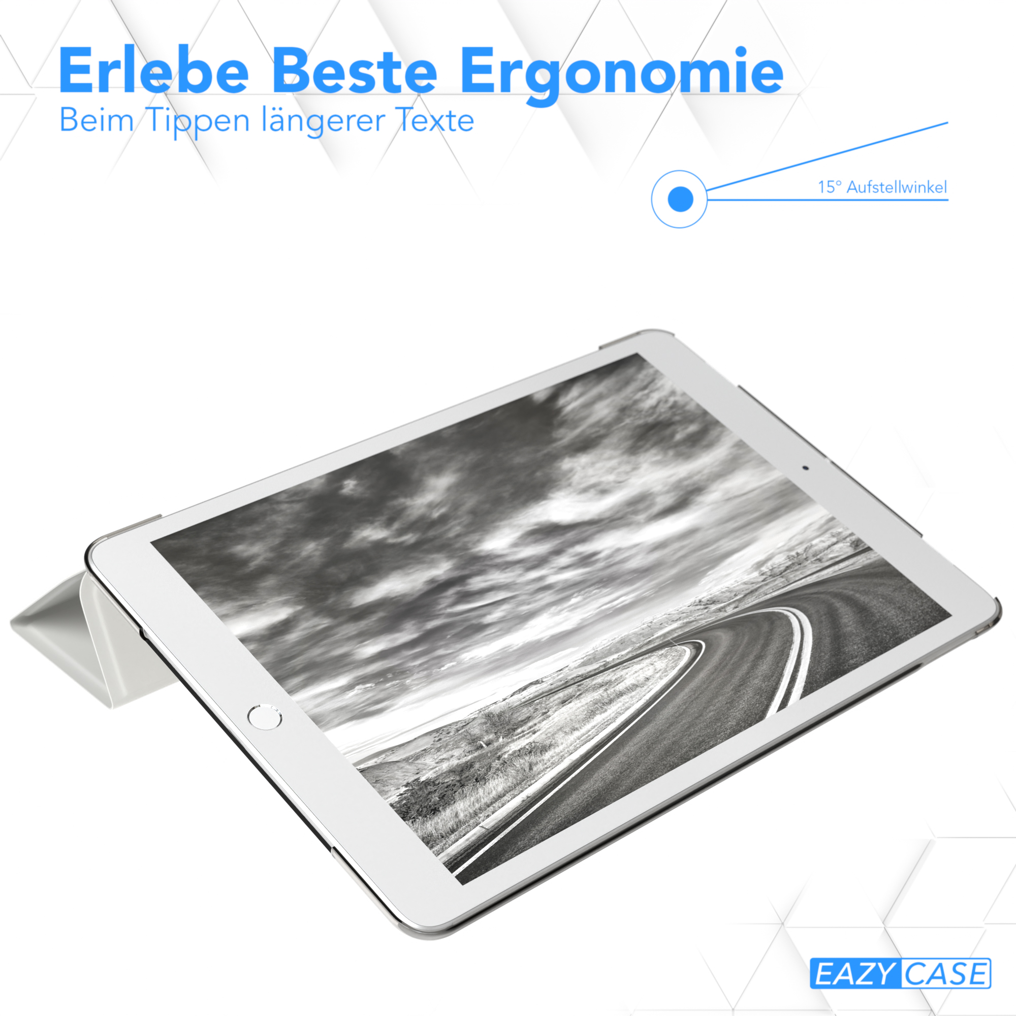 Ein Tablet, das eine Straße zeigt, in einem Gehäuse in einem 15-Grad-Winkel.