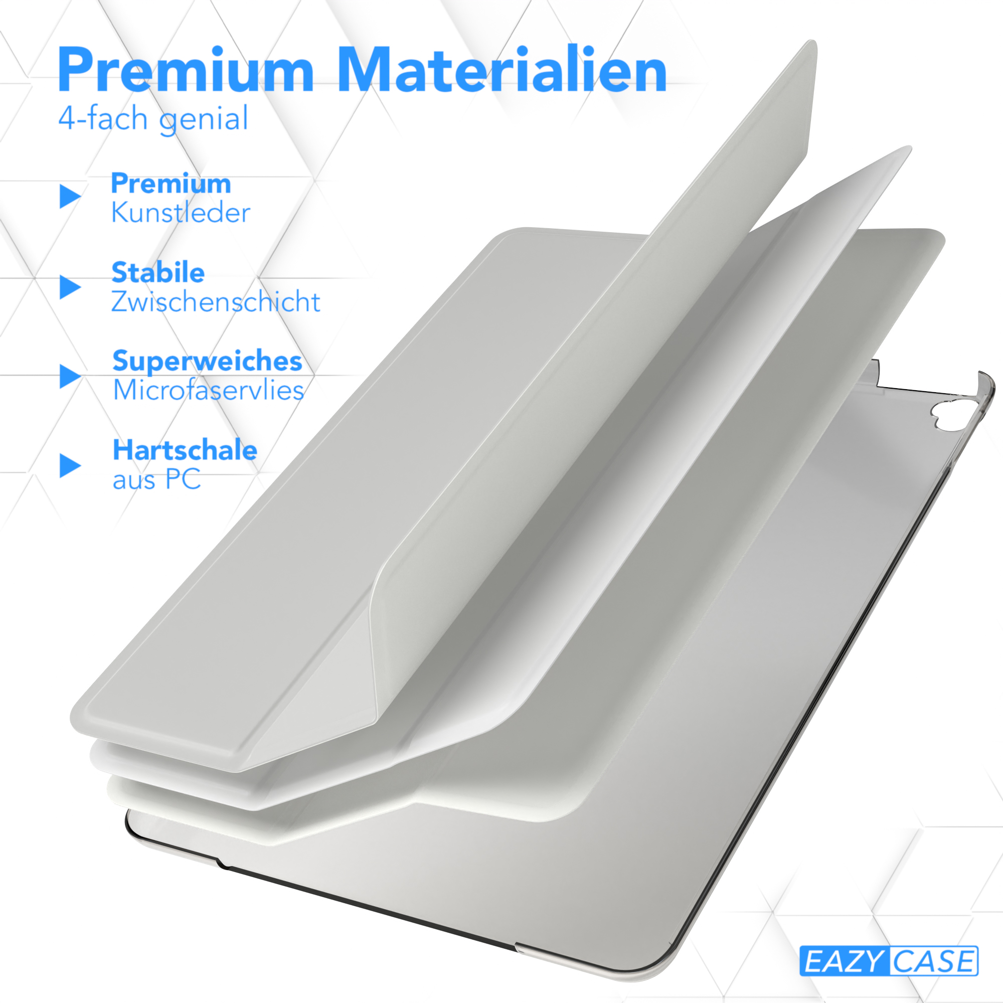 Diagramm der Tablethüllen-Schichten: Premium-Leder, stabile Schicht, Mikrofaser, Hartschale.