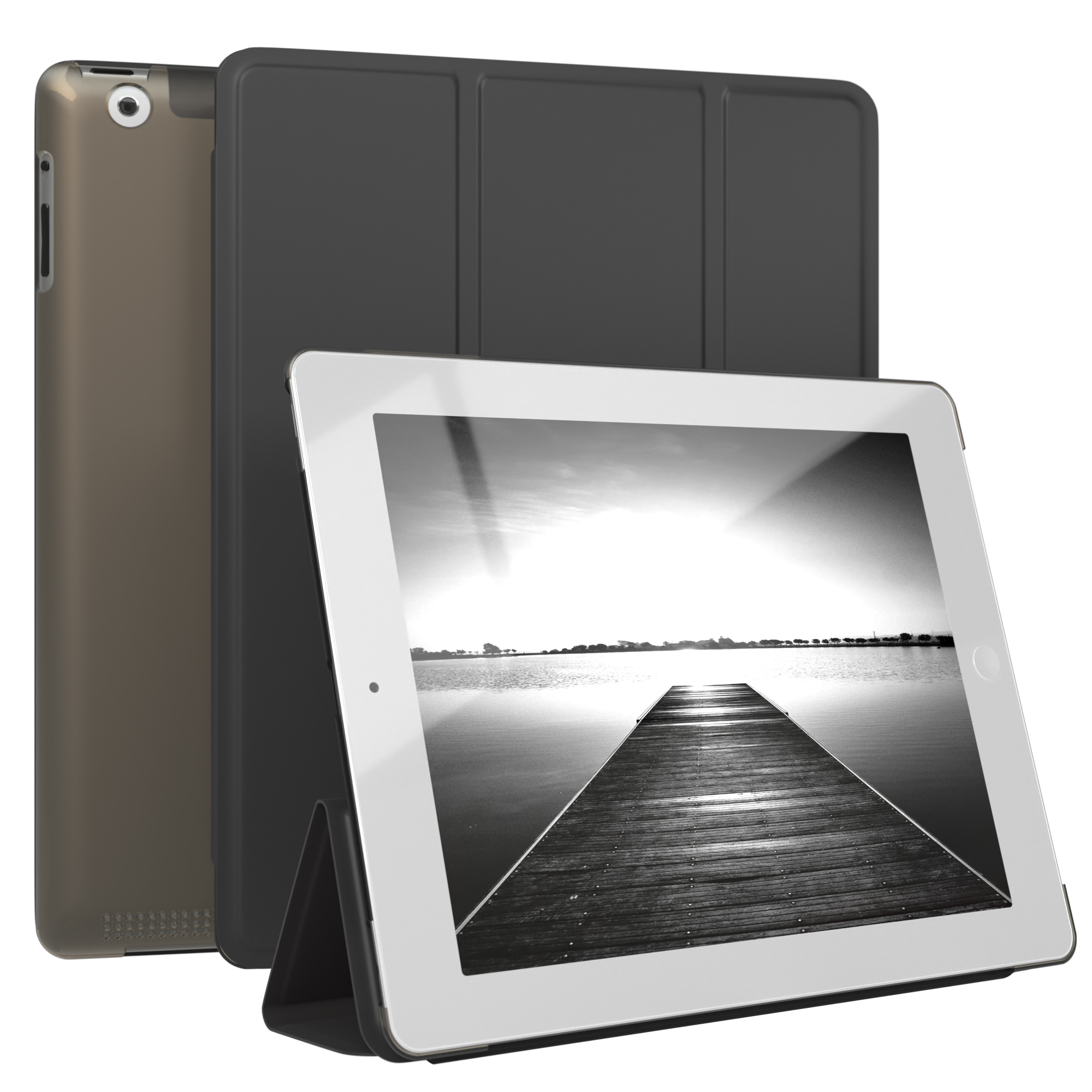 Ein Tablet mit Hülle. Der Bildschirm zeigt einen Steg mit einem See.