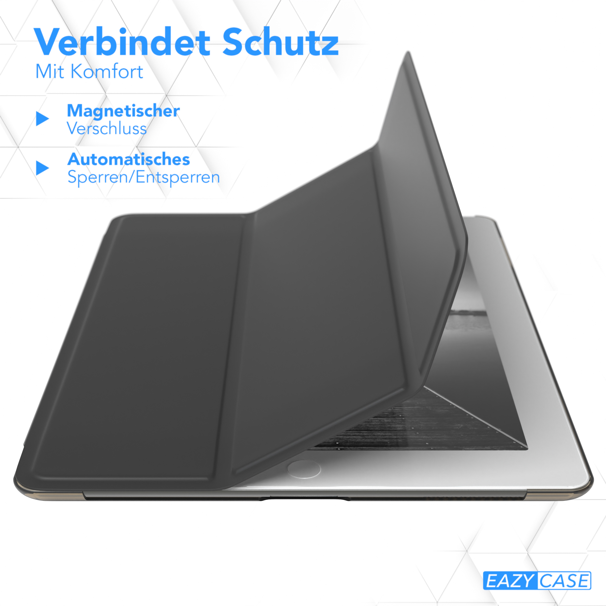 Ein Tablet mit geöffneter Hülle. Die Hülle ist schwarz und das Tablet liegt auf einer weißen Oberfläche.