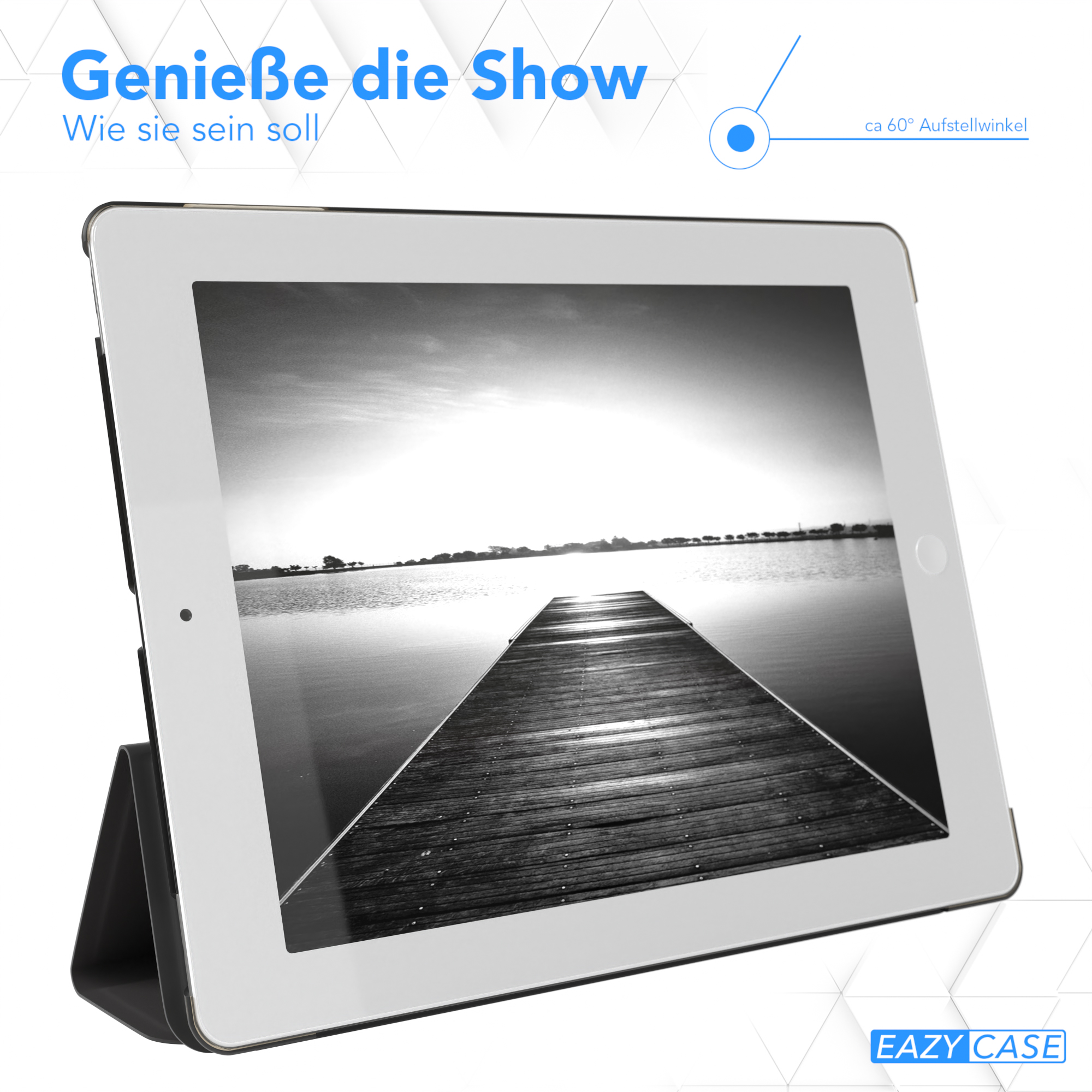 Tablet in schwarzem Gehäuse, zeigt einen Steg über dem Wasser.