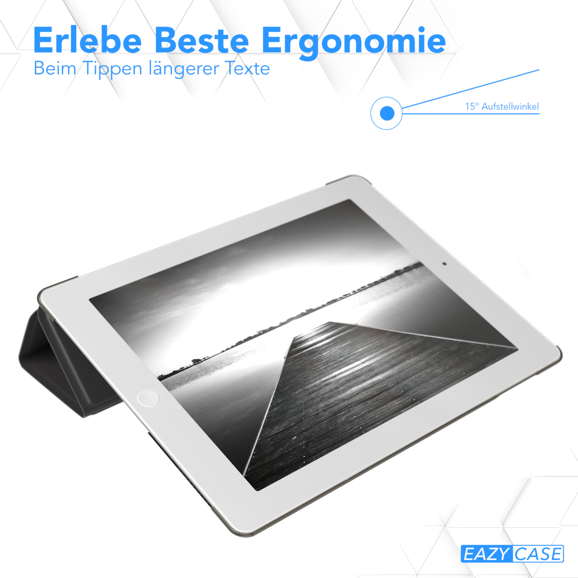 Ein Tablet mit schwarzem Cover ist angewinkelt. Der Bildschirm zeigt einen Holzsteg, der sich ins Meer erstreckt.