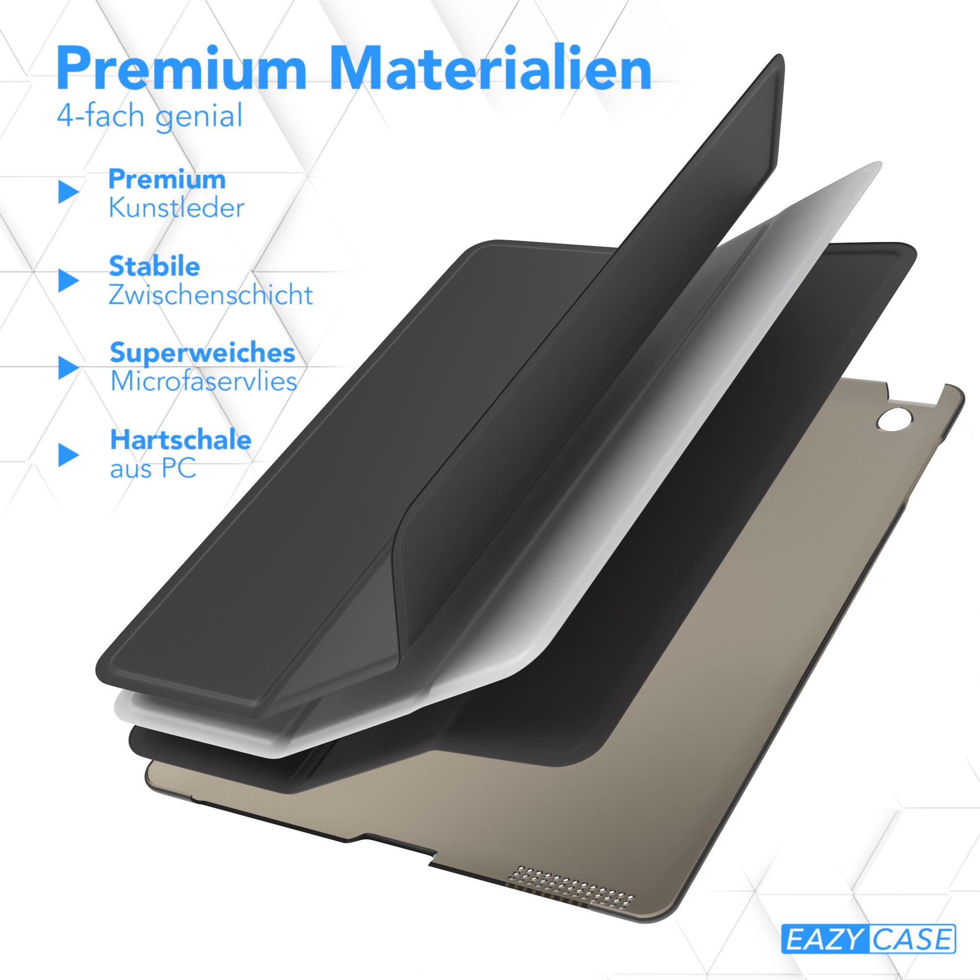 Tablet-Hülle mit Schichten. Premium-Materialien sind auf Deutsch gelistet.