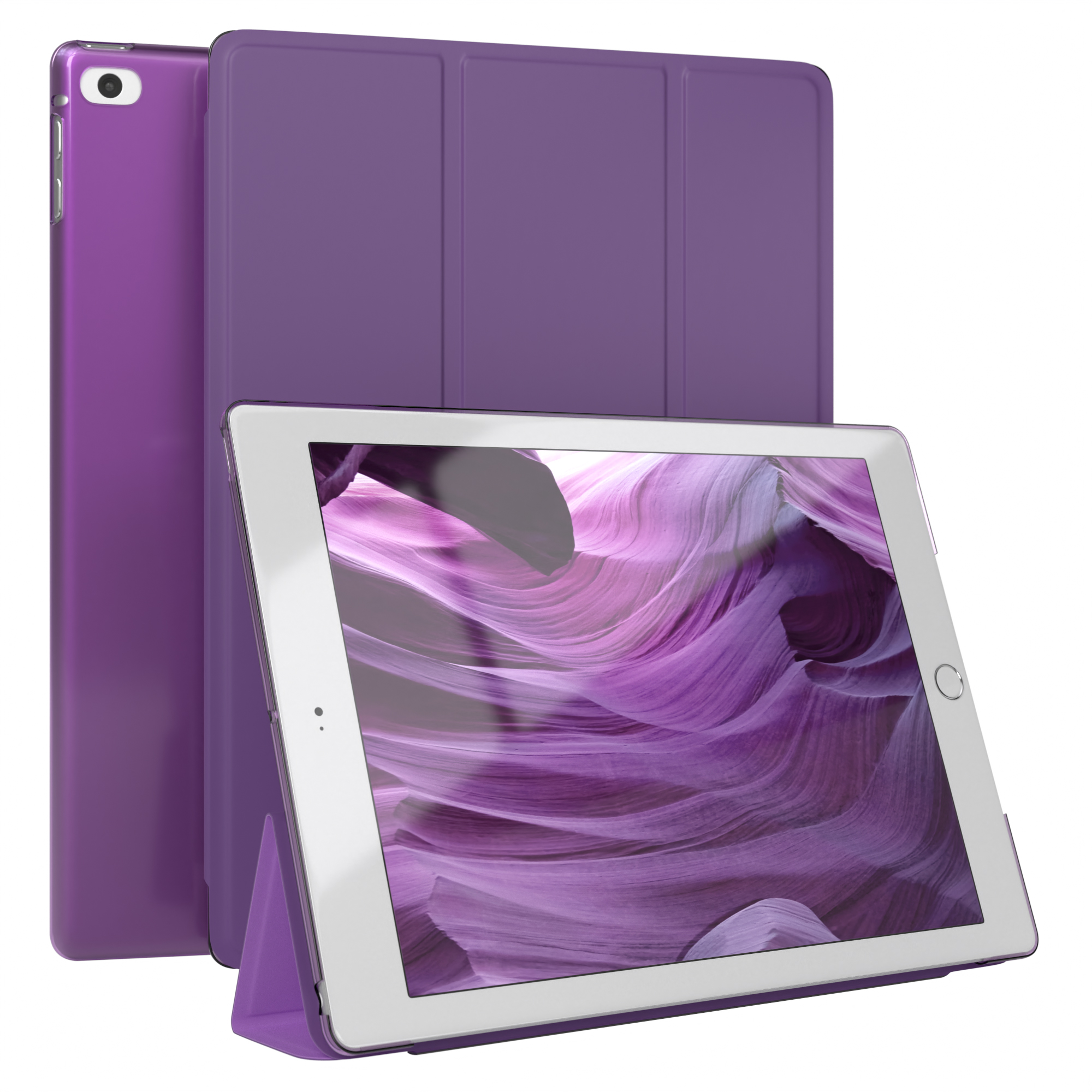 Ein lila Tablet und Hülle; das Tablet zeigt ein lila Canyon-Bild. Weißer Hintergrund.