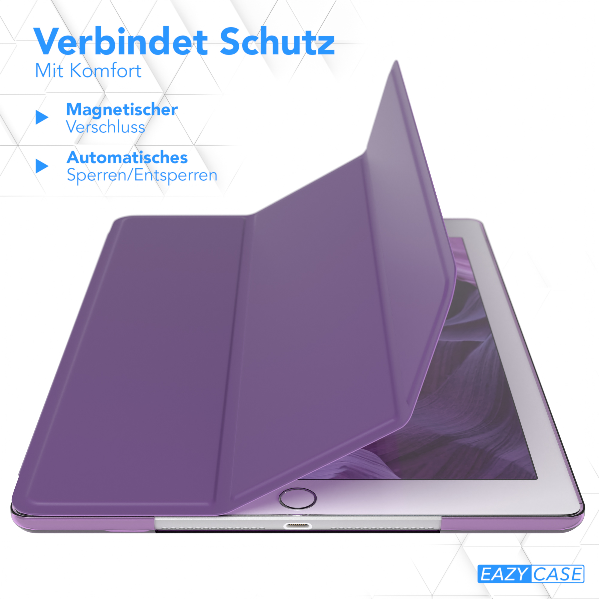 Eine lila Tablet-Hülle, teilweise geöffnet, mit dem Tablet darin. Text: 'Verbindet Schutz'.