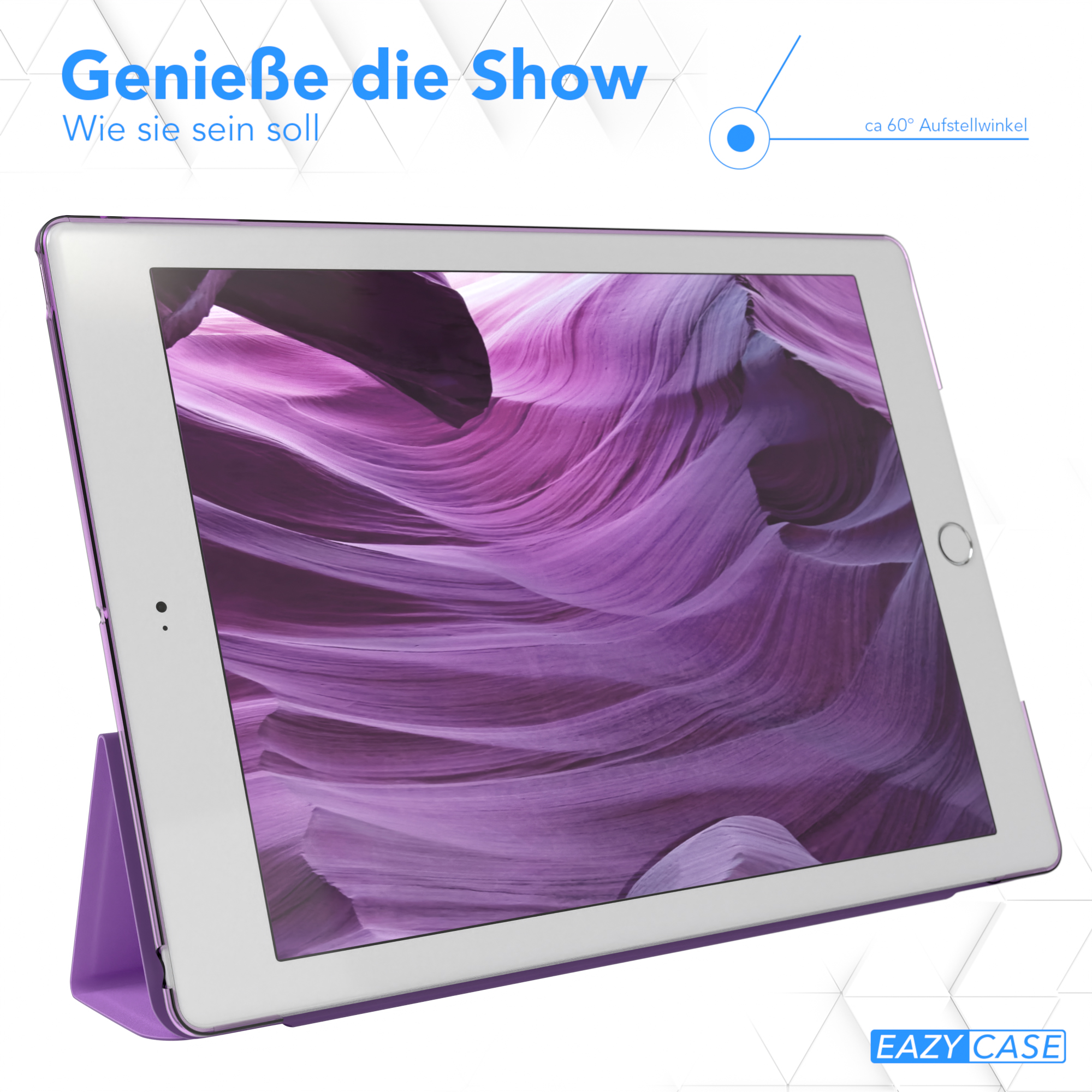 Ein Tablet mit lila Hülle ist aufgestellt und zeigt ein lilafarbenes Landschaftsbild.