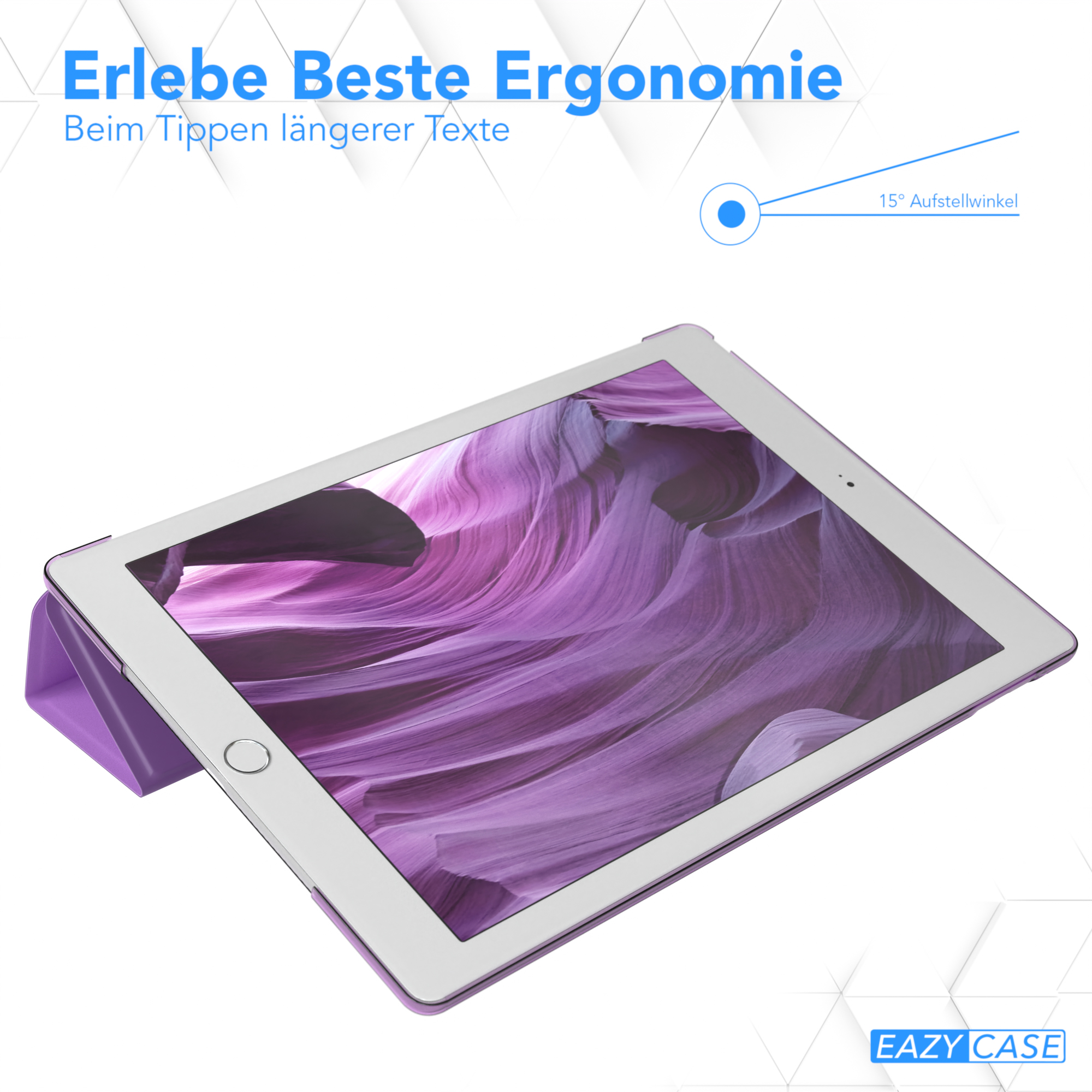 Tablet in einem lila Case. Text: 'Erlebe Beste Ergonomie', mit einem 15-Grad-Winkel.