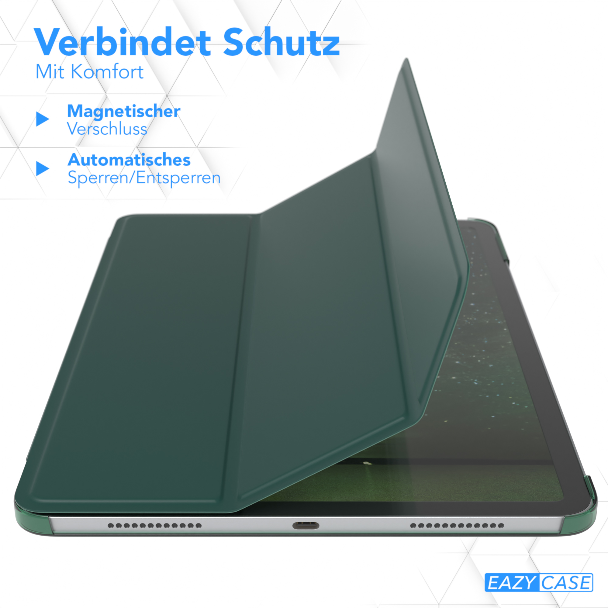 Grüne Tablet-Hülle, offen, mit einem Tablet darin. Zeigt die Hülle und ein Tablet.