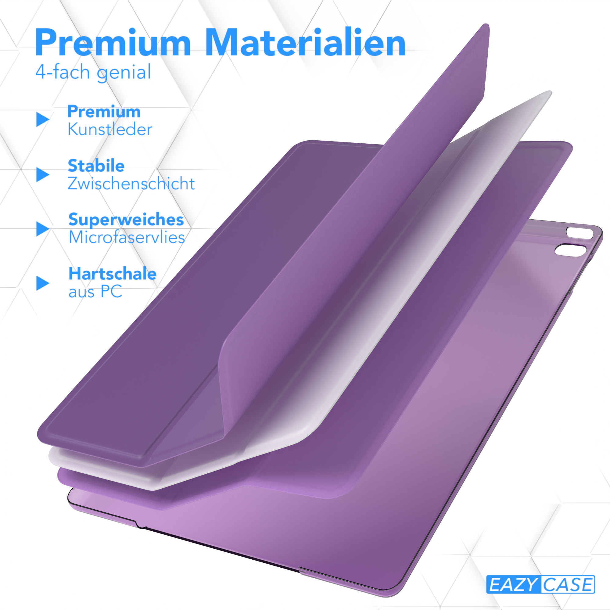 Lila Tablethüllen-Schichten. Zeigt Premium-Leder, Mittelschicht und Hartschale. Text: EAZY CASE.