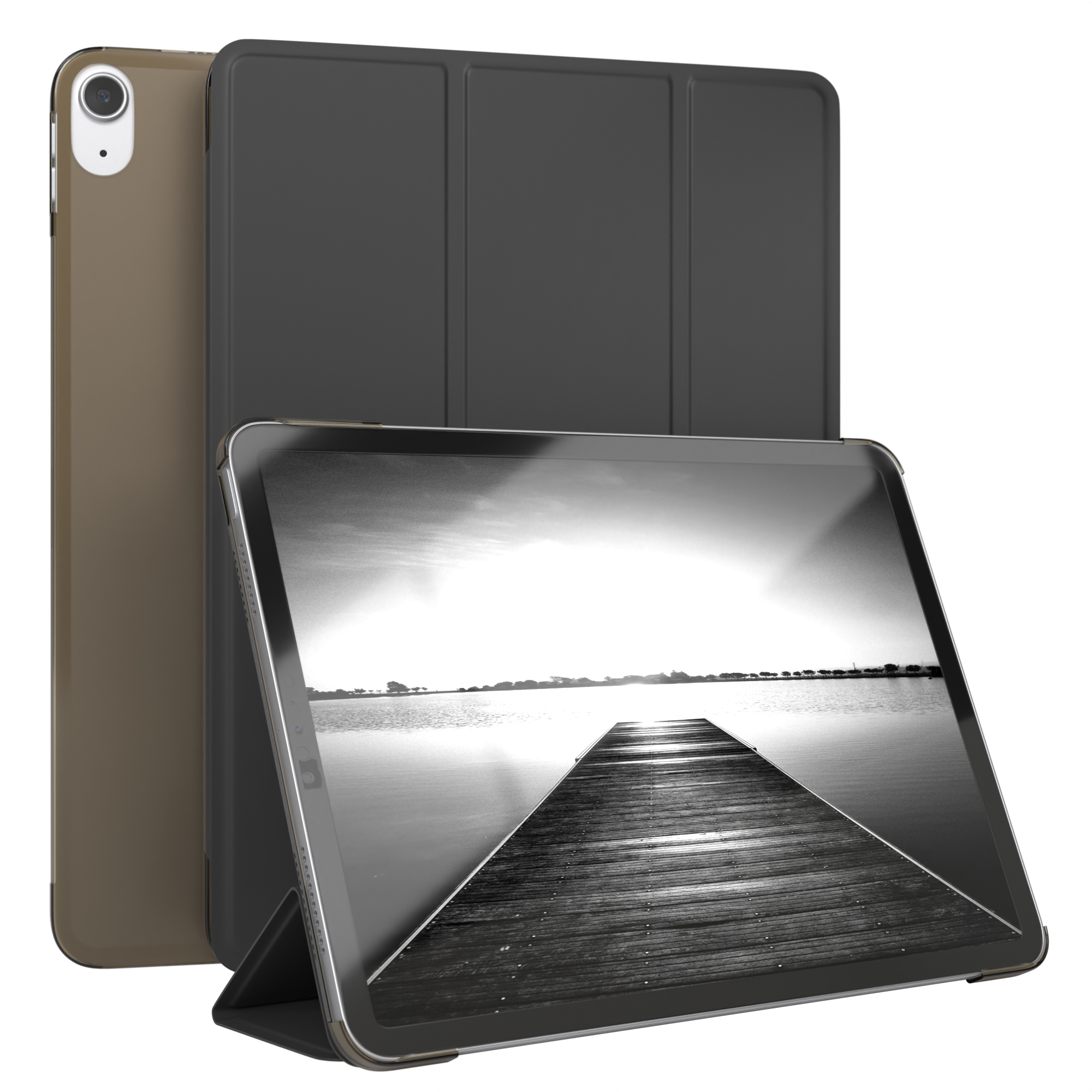 Tablet in einer Hülle mit Ständer. Die Hülle ist beige und schwarz. Der Tablet-Bildschirm zeigt eine Pier-Szene.