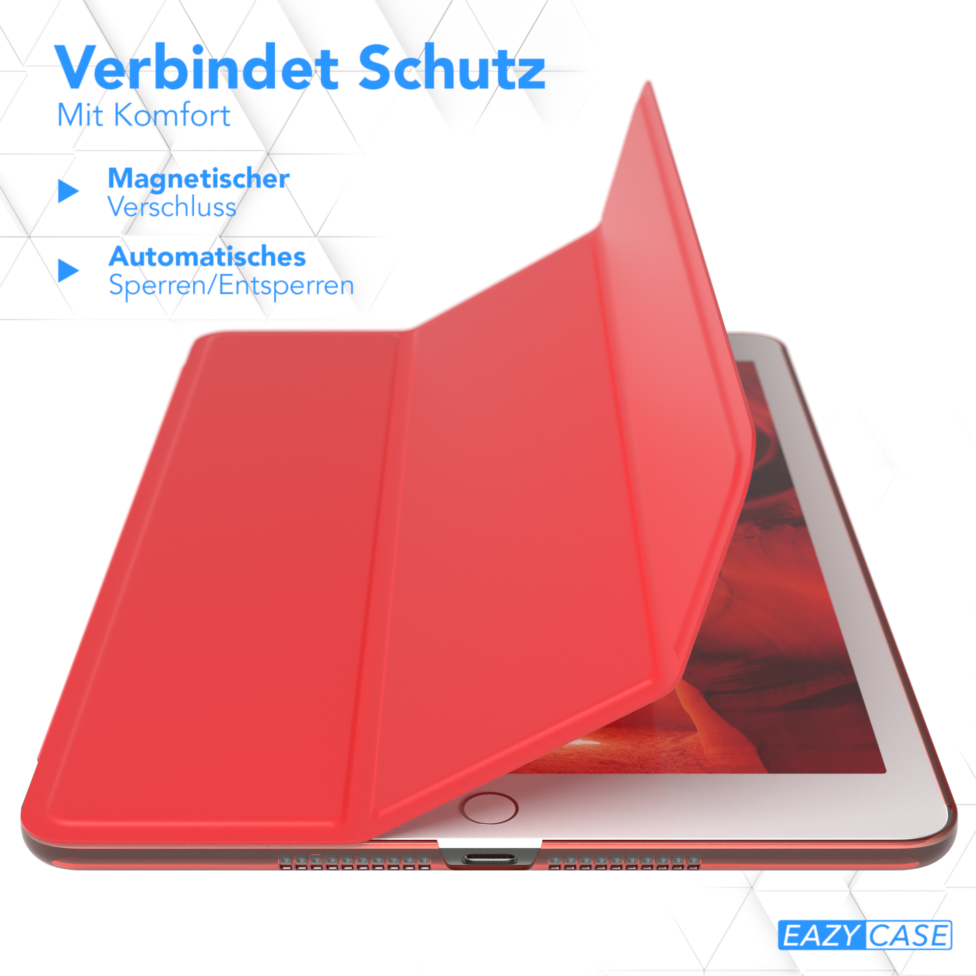 Eine rote Tablethülle geöffnet, die ein iPad zeigt. Die Hülle bedeckt die Rückseite und Seiten.