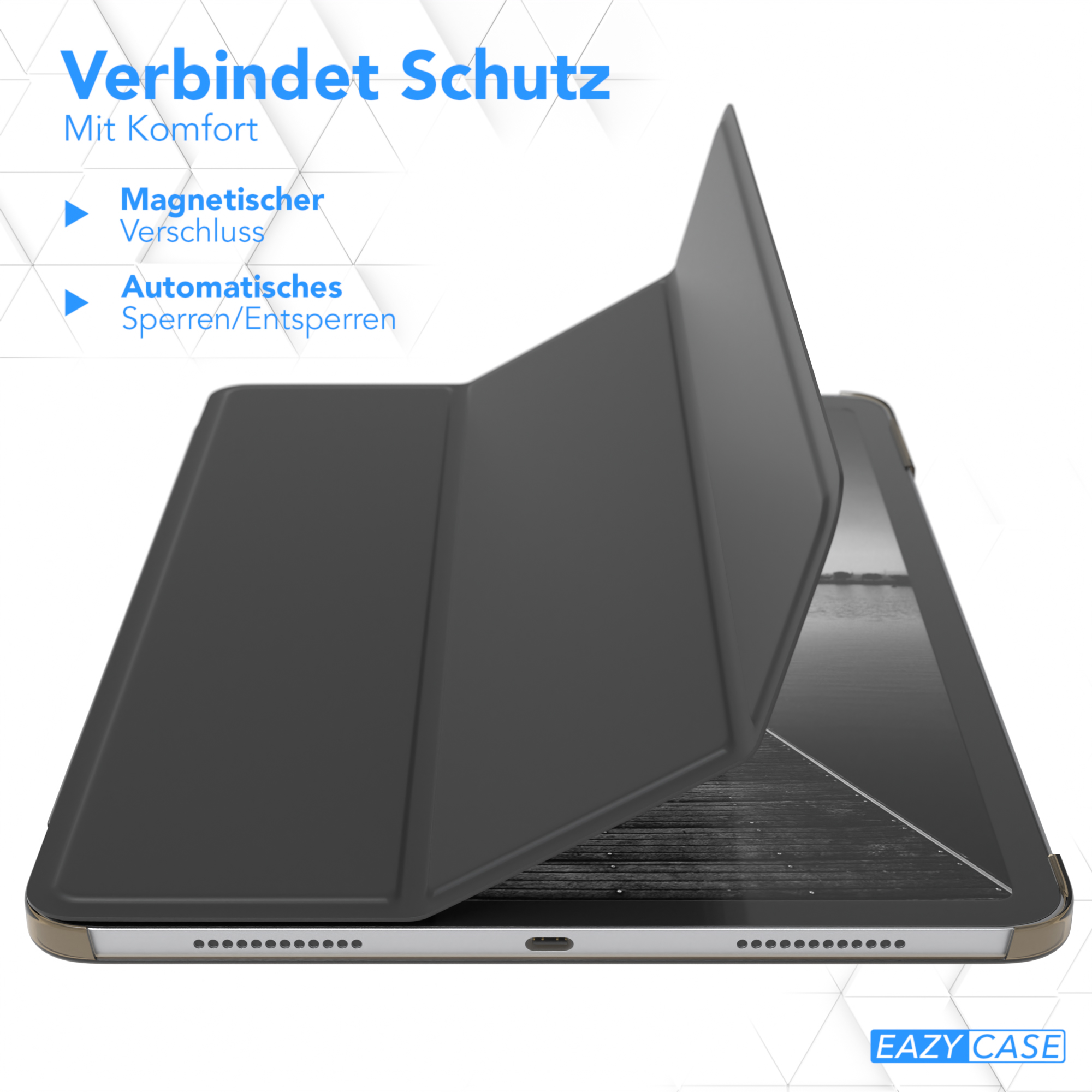 Eine Tablet-Hülle mit Magnetverschluss, Deckel offen.
