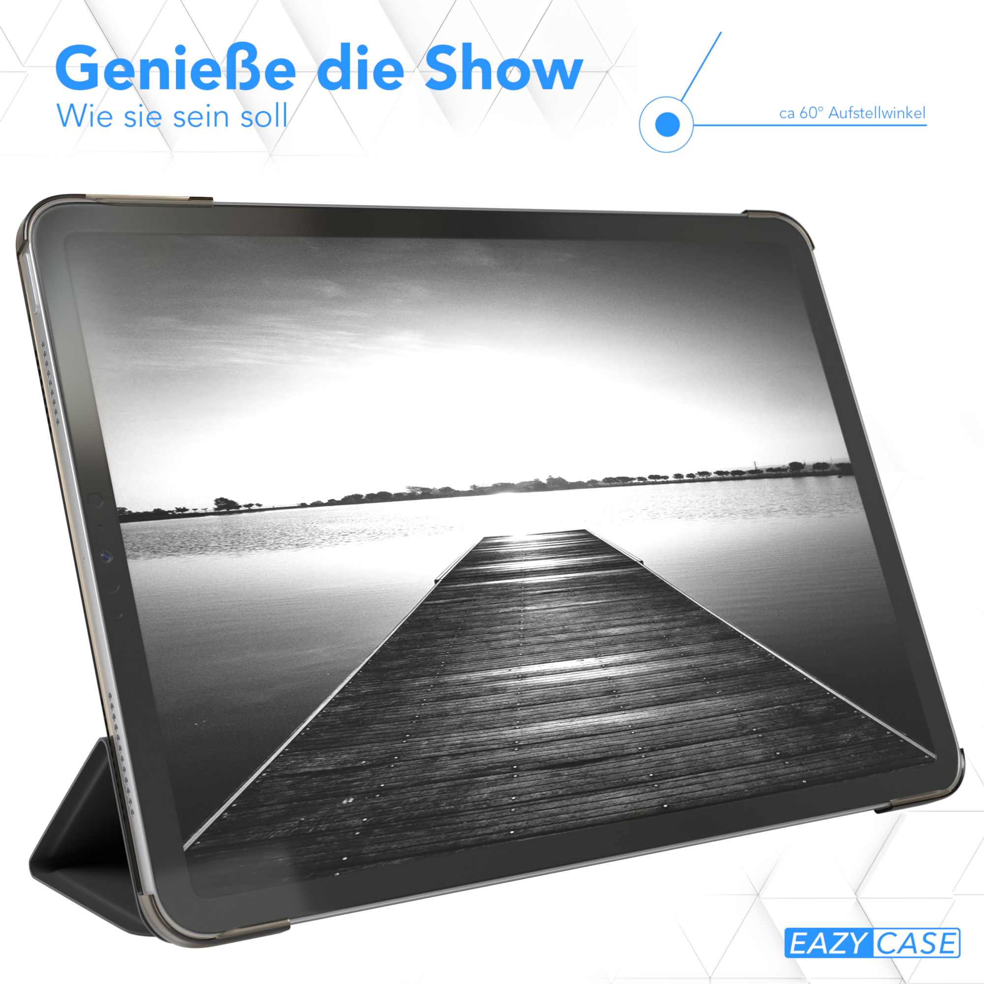 Tablet mit Bildschirm, der einen Steg in einen See zeigt. Text: „Genieße die Show“. In schwarzem Gehäuse.