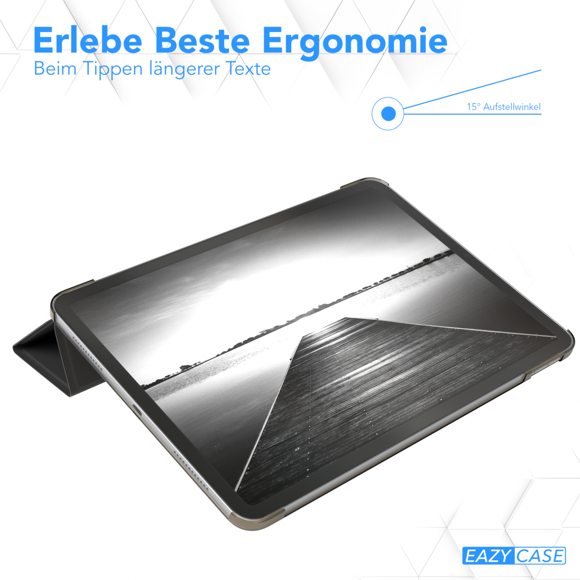 Ein iPad in einer Hülle, zum Tippen angewinkelt. Der Bildschirm zeigt ein Landschaftsbild.