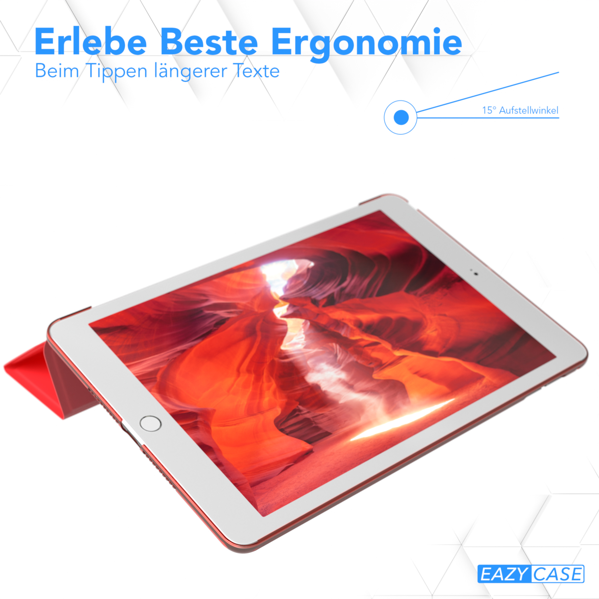 Rote Tablethülle offen, die ein Canyonbild zeigt. Die Hülle bietet einen 15-Grad-Winkel.