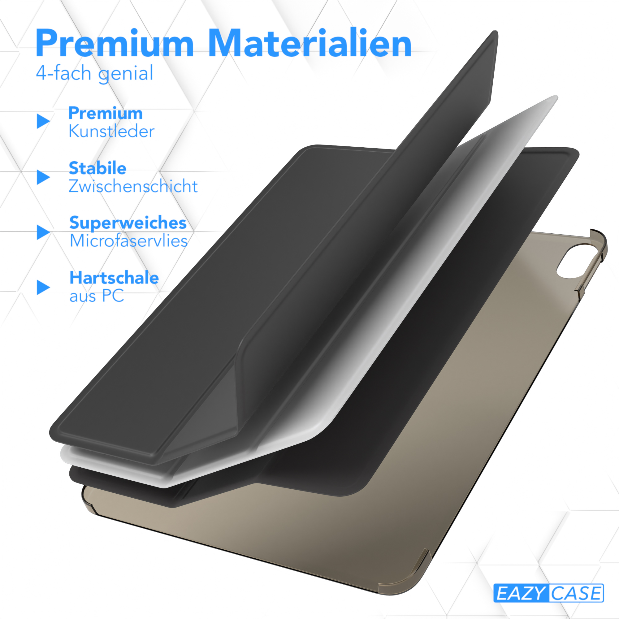Vier Schichten Materialien, die Premium-Leder, eine stabile Schicht, Mikrofaser und eine Hartschale zeigen.