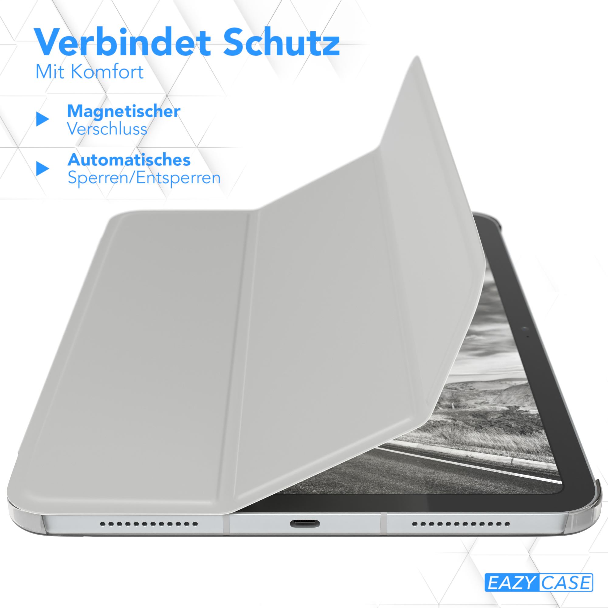 Ein weißes Tablet-Case, das ein Tablet zeigt. Das Case hat einen Magnetverschluss.