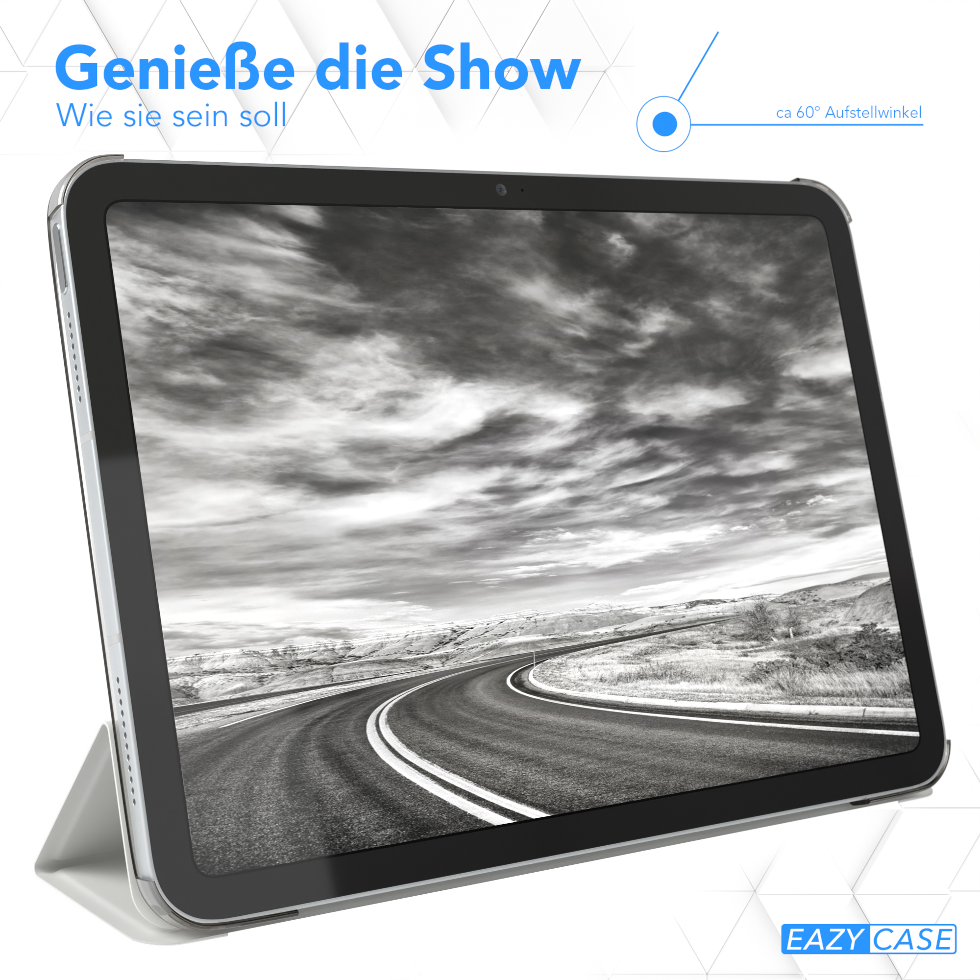 Tablet zeigt Straßenansicht mit Wolkenhimmel, 60 Grad geneigt, in silberner Hülle.