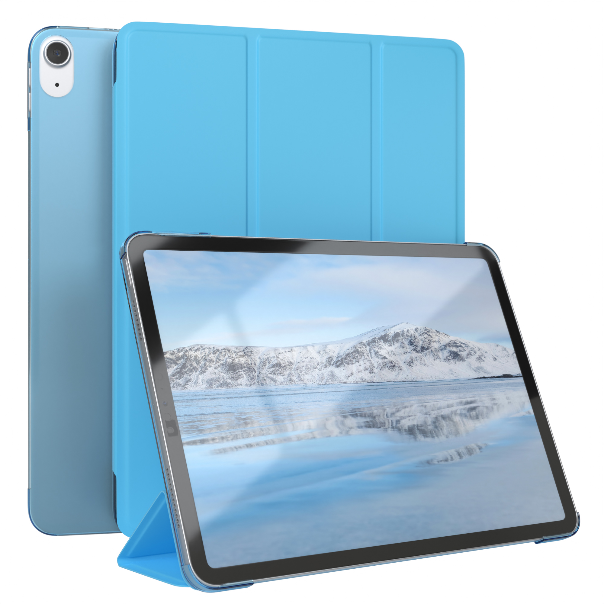 Blaues Tablet mit Hülle und Bildschirm, zeigt eine schneebedeckte Landschaft, die sich im Wasser spiegelt.