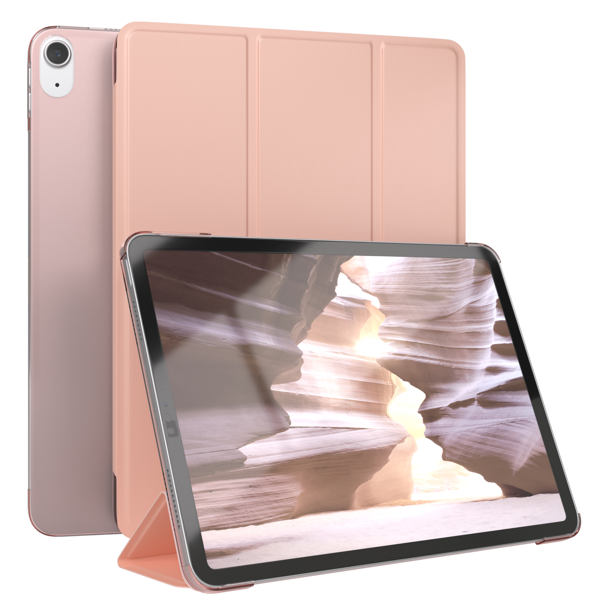 Tablet mit Hülle. Die Hülle ist rosa. Der Bildschirm zeigt ein Bild eines Canyons. Weißer Hintergrund.