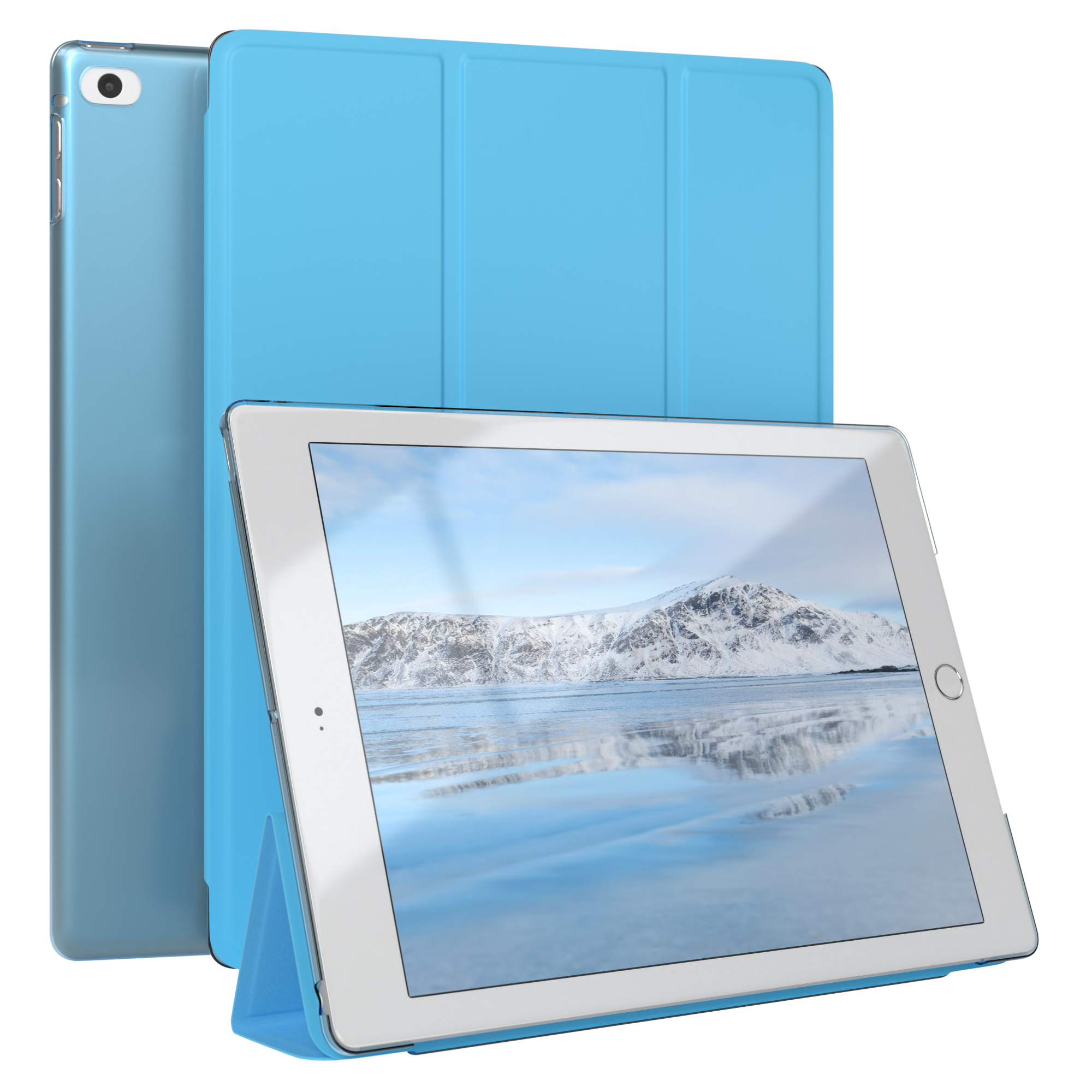 Blaues Tablet mit blauem Cover und einem Bildschirm mit Himmel und Schneebirge.
