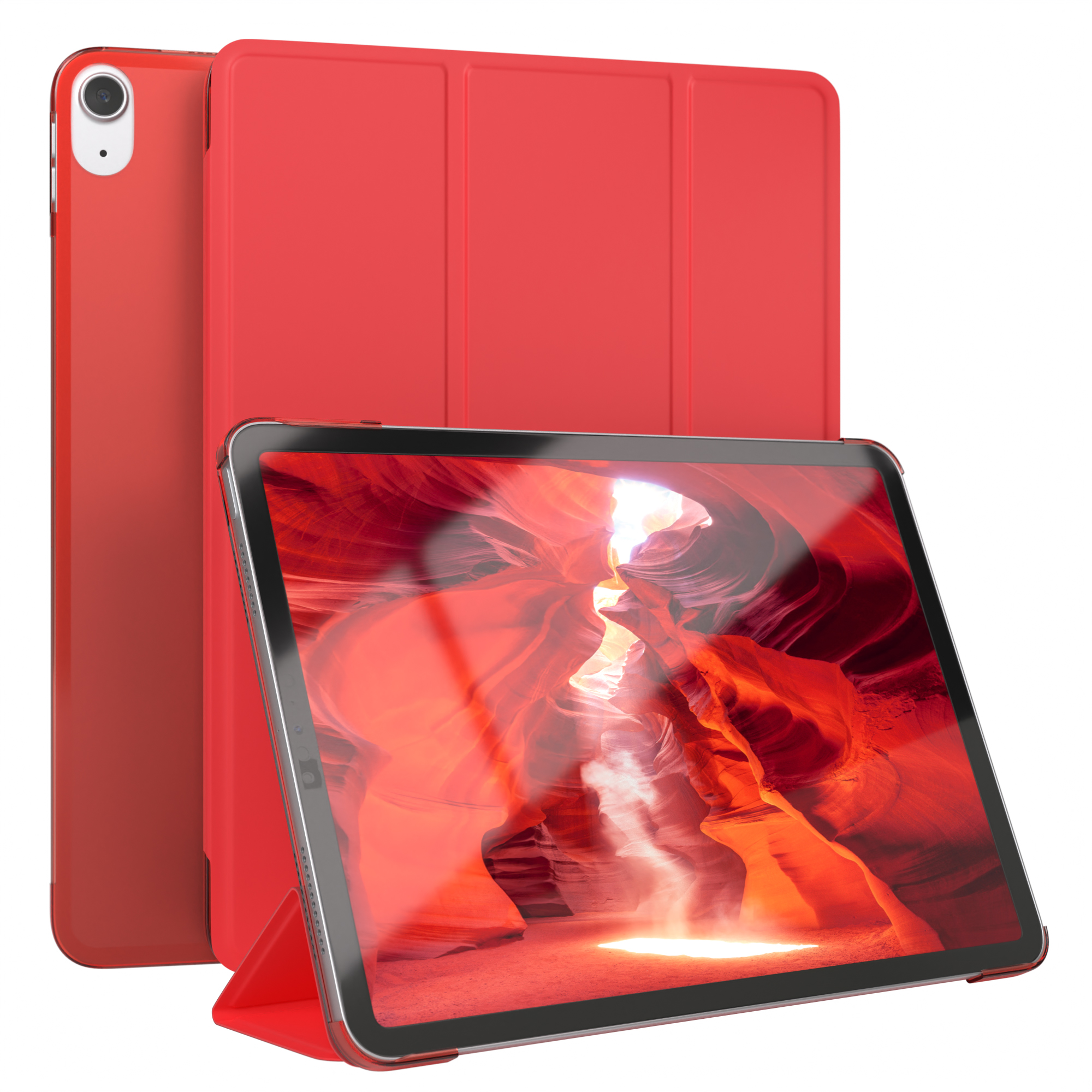 Rotes Tablet in roter Hülle, mit roter Abdeckung, die zum Abstützen gefaltet wird.