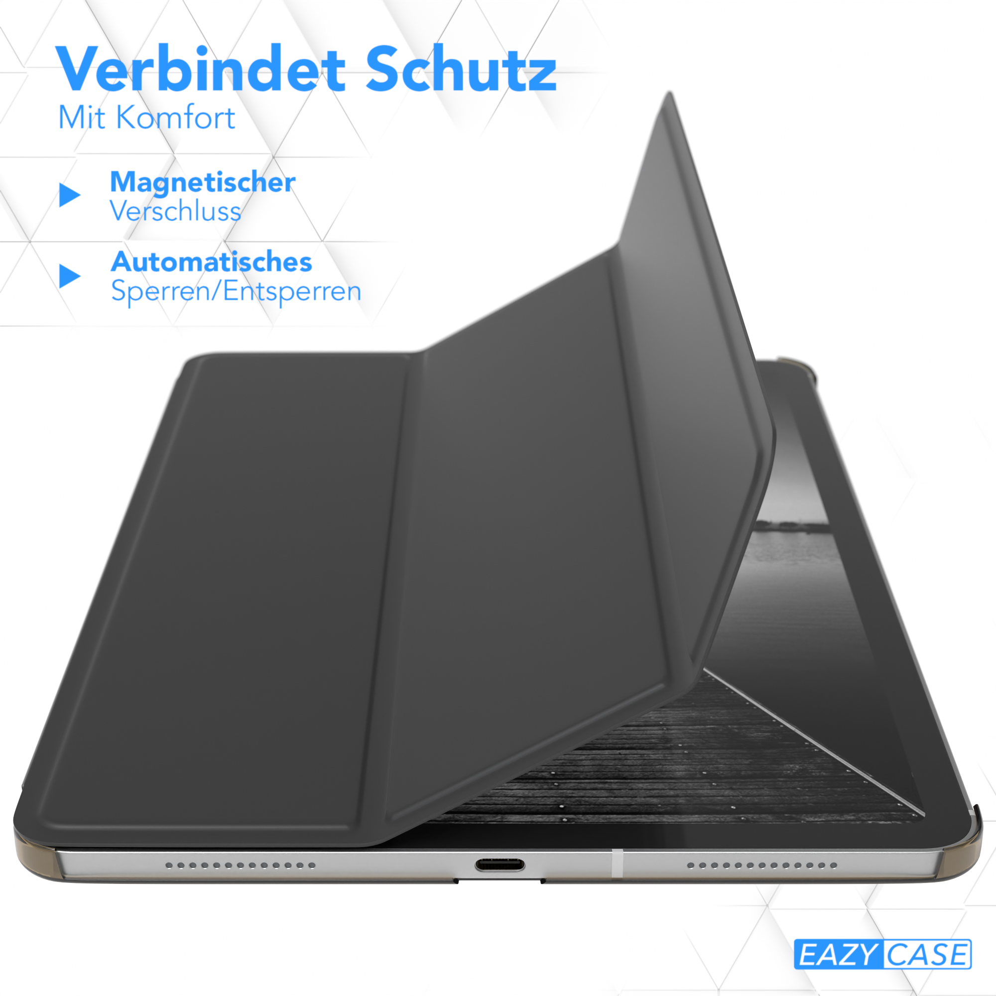 iPad in schwarzem Gehäuse, teilweise geöffnet. Das Gehäuse hat einen Magnetverschluss.