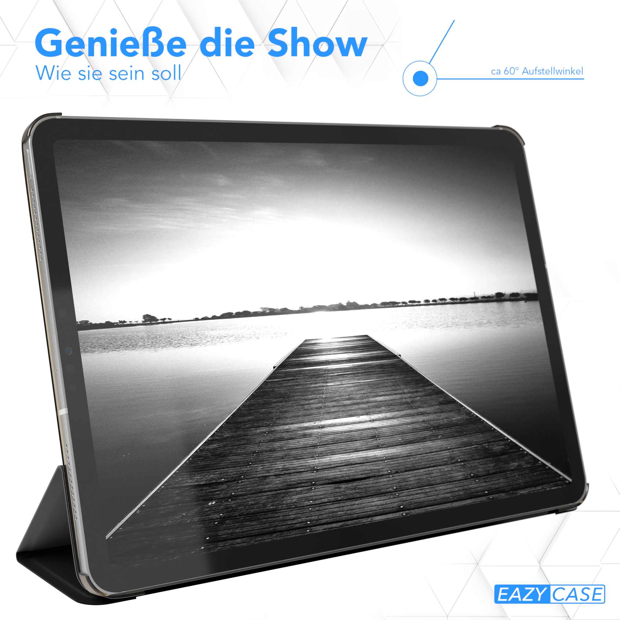 Ein Tablet, das einen Pier zeigt, in einem Gehäuse in einem 60-Grad-Winkel.
