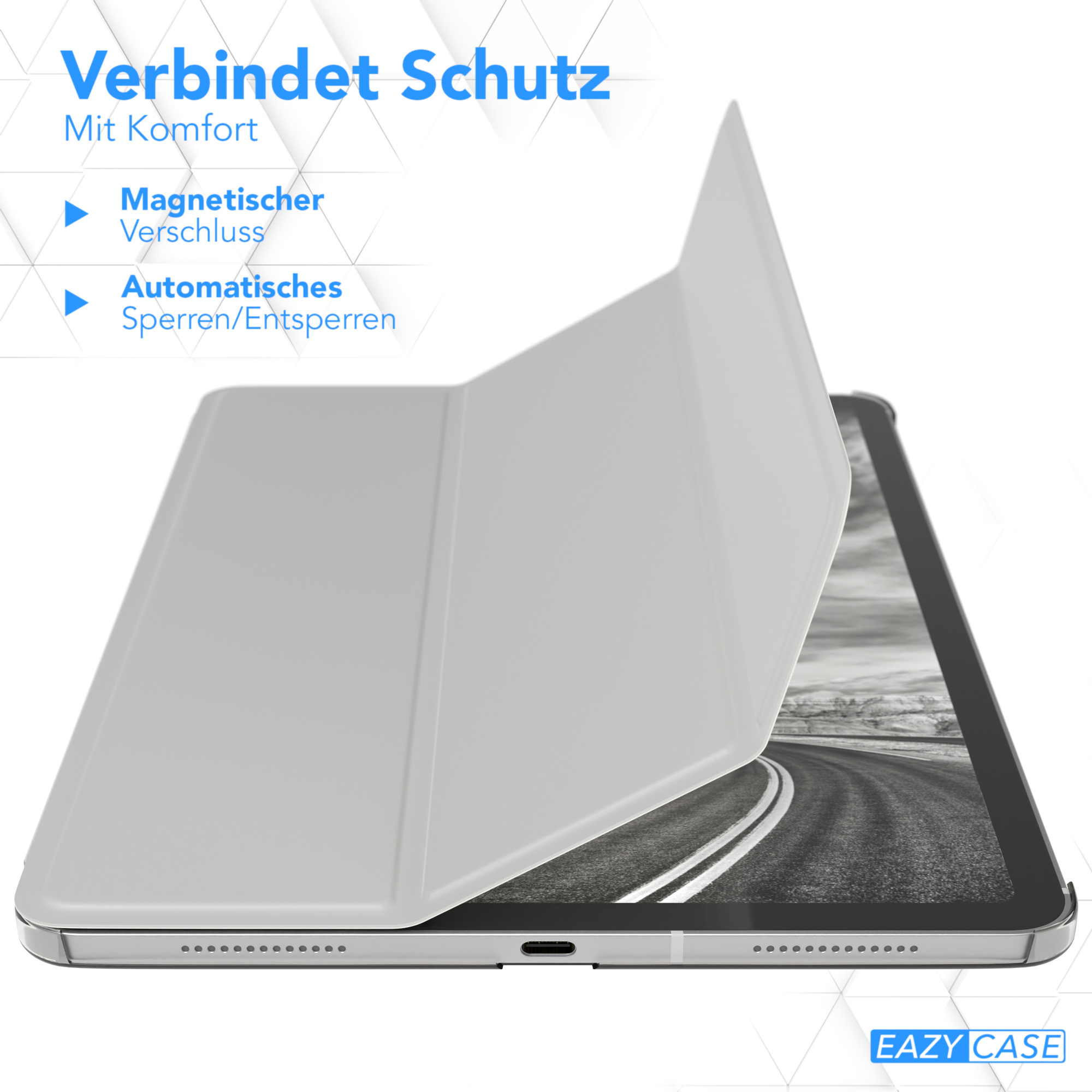 Eine Tablethülle mit geöffnetem Deckel, die das Tablet und ein Straßenbild zeigt. Weißer Hintergrund.