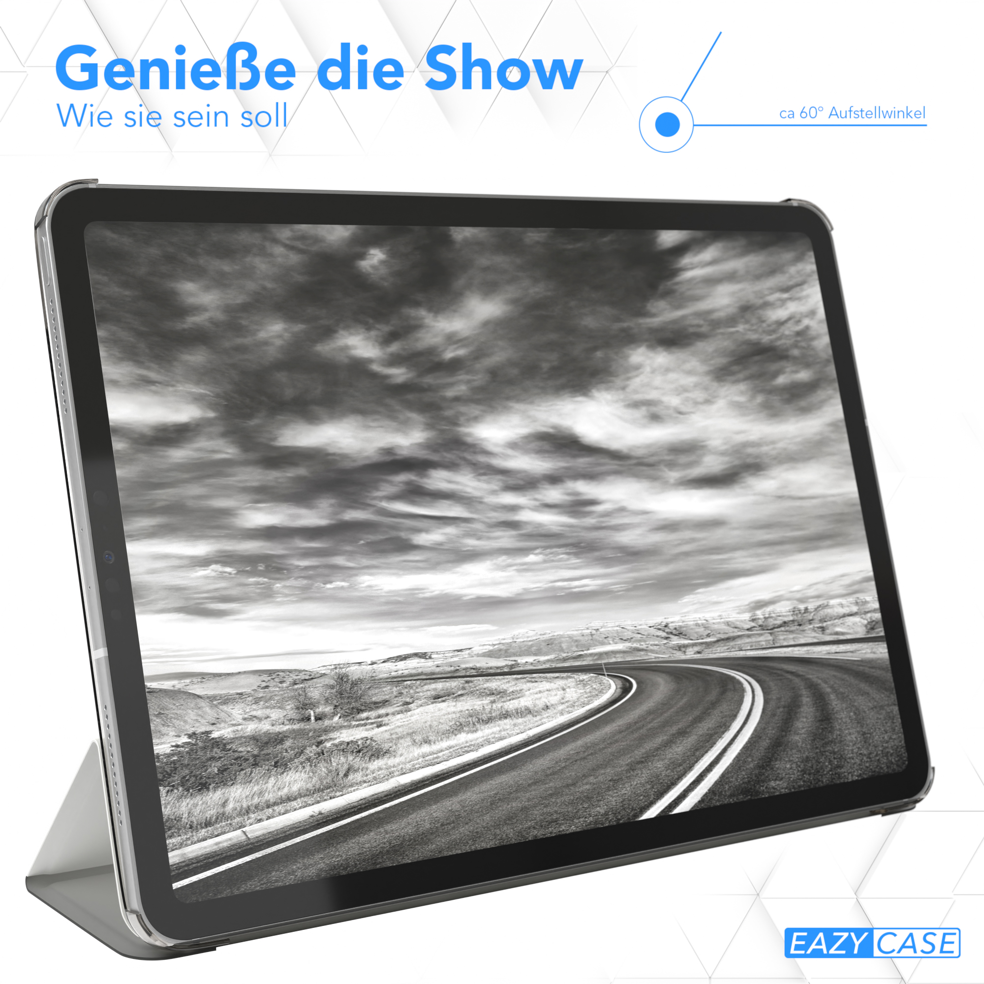 Tablet mit malerischer Straße, mit Hülle. Der Text lautet: 'Genieße die Show'.