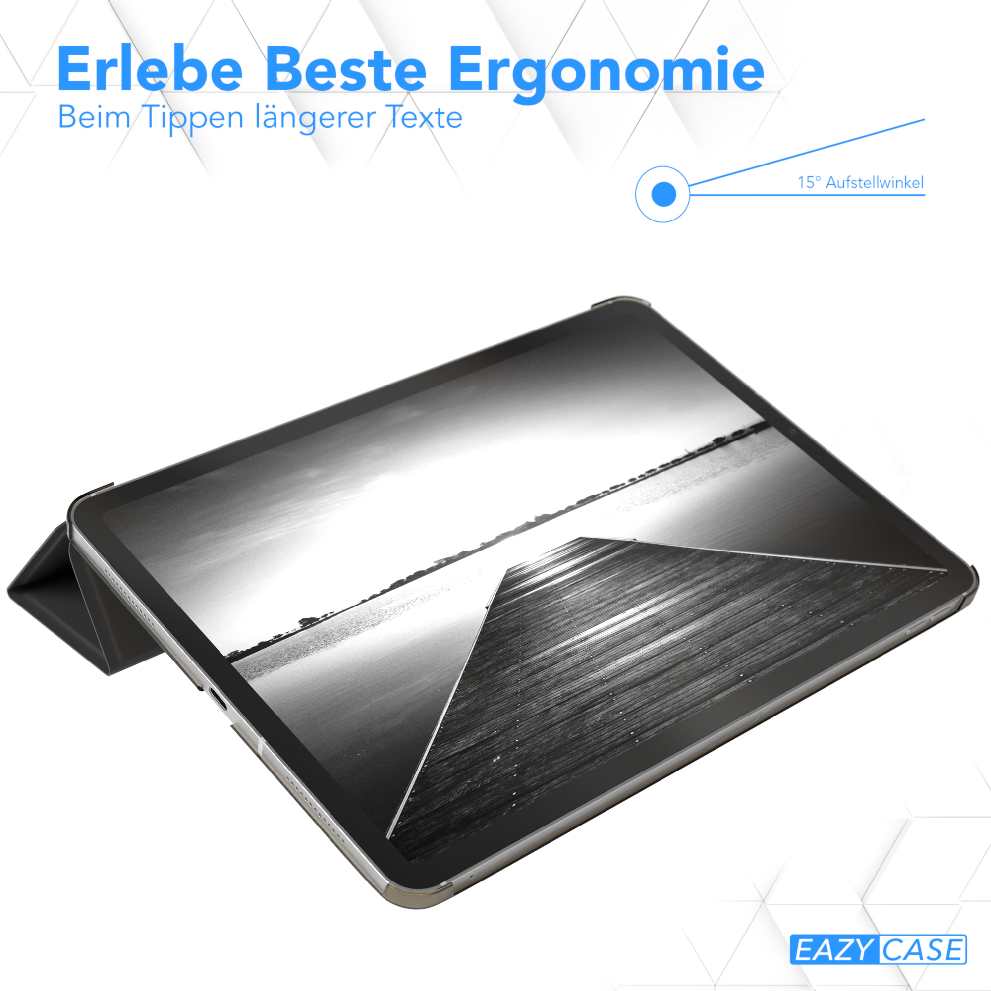 Ein Tablet mit teilweise geöffneter Hülle, mit Text, der einen 15-Grad-Winkel anzeigt.