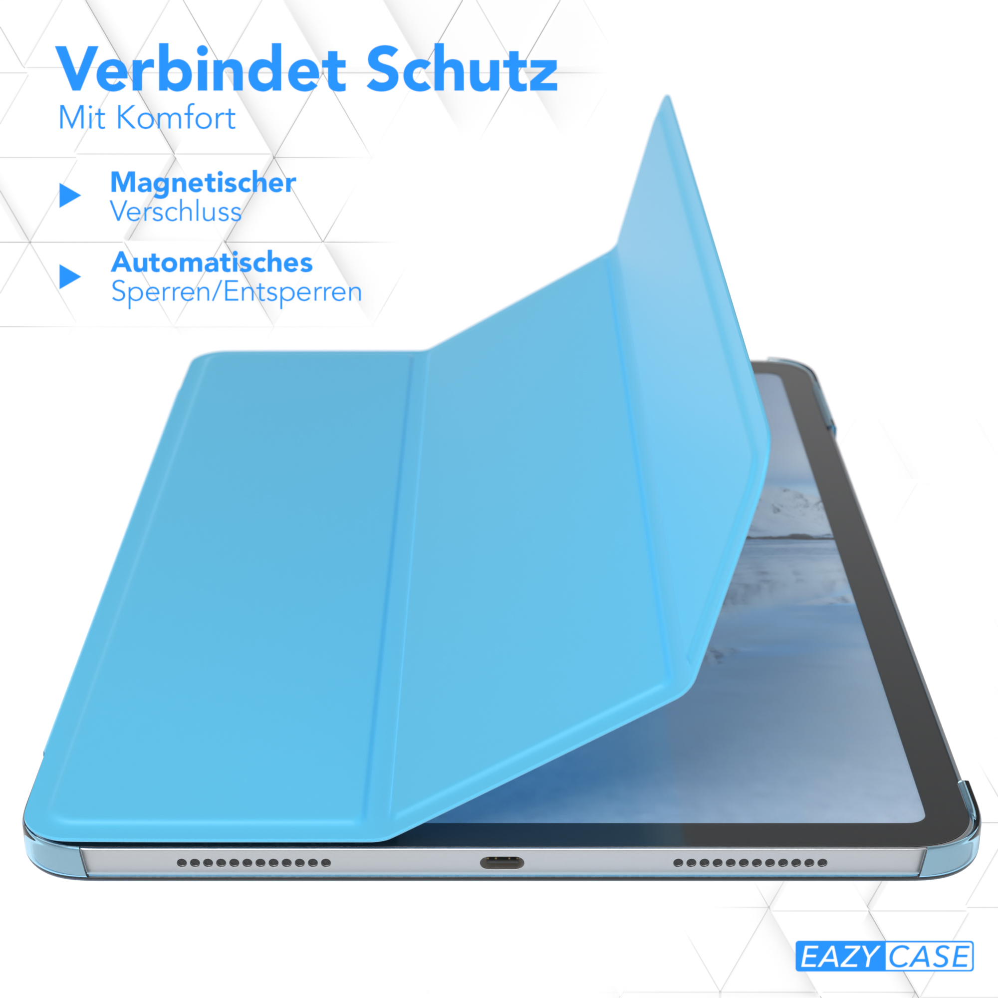 Eine hellblaue Tablet-Hülle wird gezeigt. Sie ist teilweise geöffnet und zeigt ein hellblaues Tablet. Text ist ebenfalls sichtbar.