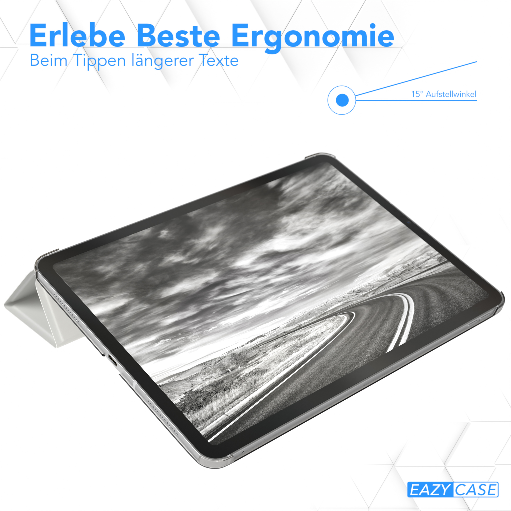 Tablet mit Tastaturhülle, in einem Winkel. Schwarz-Weiß-Bild. Text: EAZY CASE.