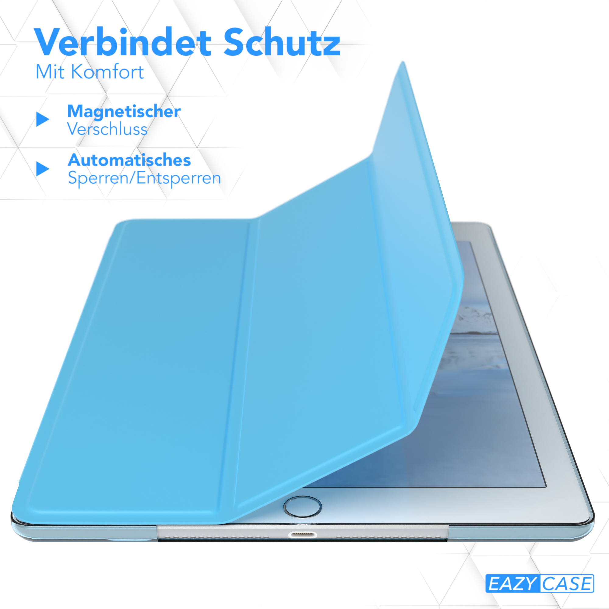 Eine offene hellblaue Tablet-Hülle auf einem Tablet. Die Hülle hat einen Magnetverschluss und eine Auto-Wake/Sleep-Funktion.