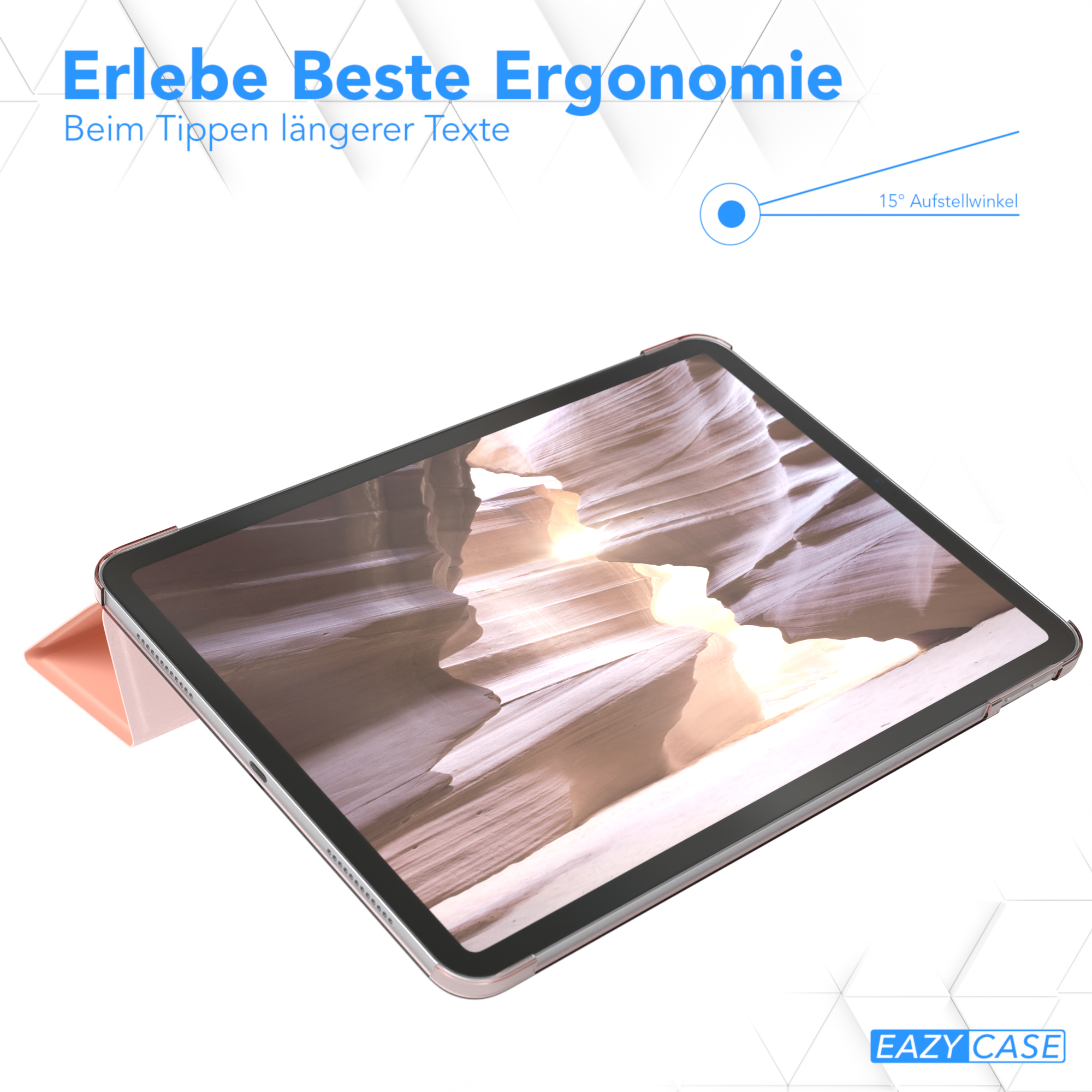 Tablet mit Hülle. Ein Diagramm zeigt einen 15-Grad-Winkel. Der Hintergrund ist weiß.