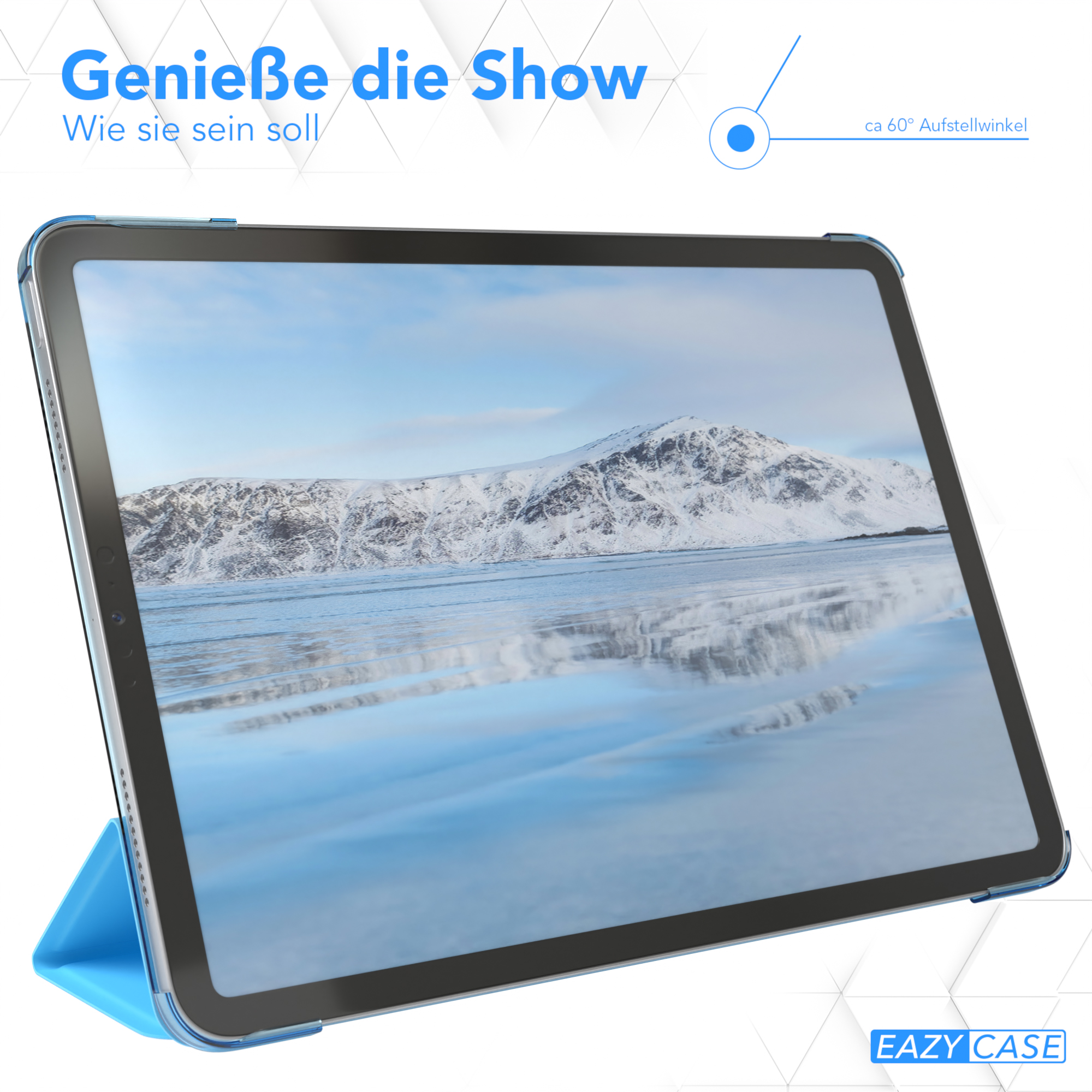 Ein Tablet mit blauem Cover, das eine schneebedeckte Berglandschaft zeigt.