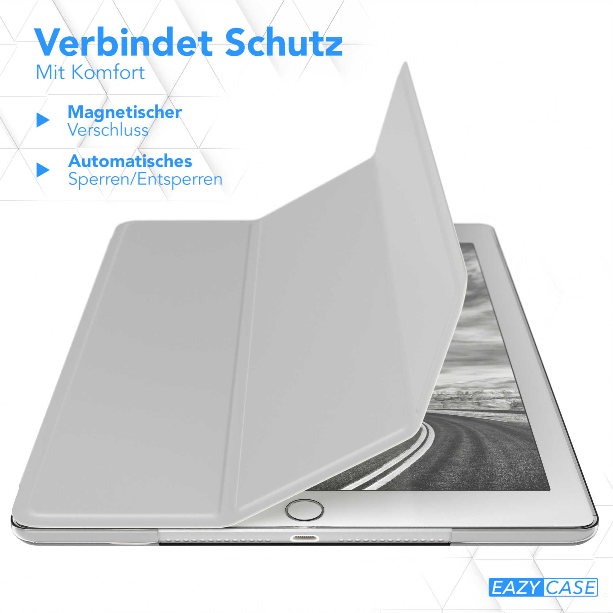 Tablet mit weißem Case, teilweise geöffnet. Der Bildschirm zeigt eine Straßenszene.