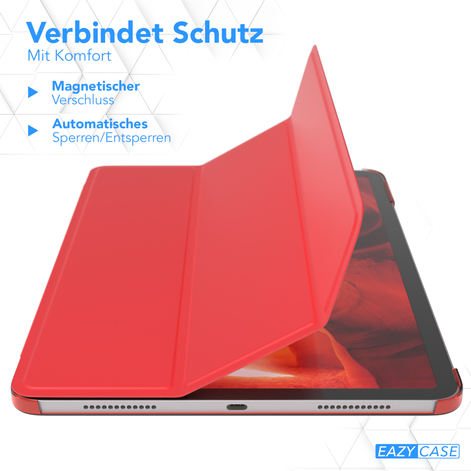 Rote Tablethülle, offen, über einem Tablet. Text: Magnetverschluss, Automatisches Sperren/Entsperren.