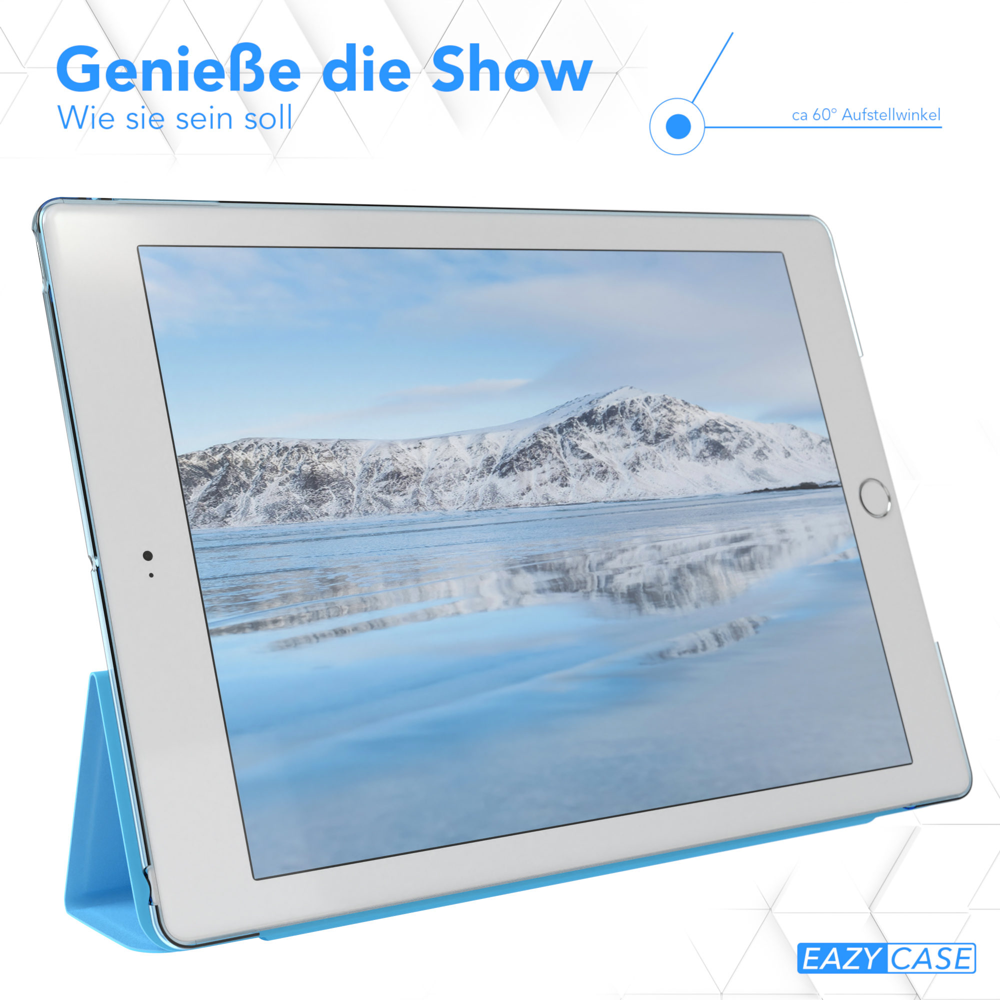 Tablet in einem blauen Gehäuse, hochgestellt. Schneebedeckte Berglandschaft auf dem Bildschirm.