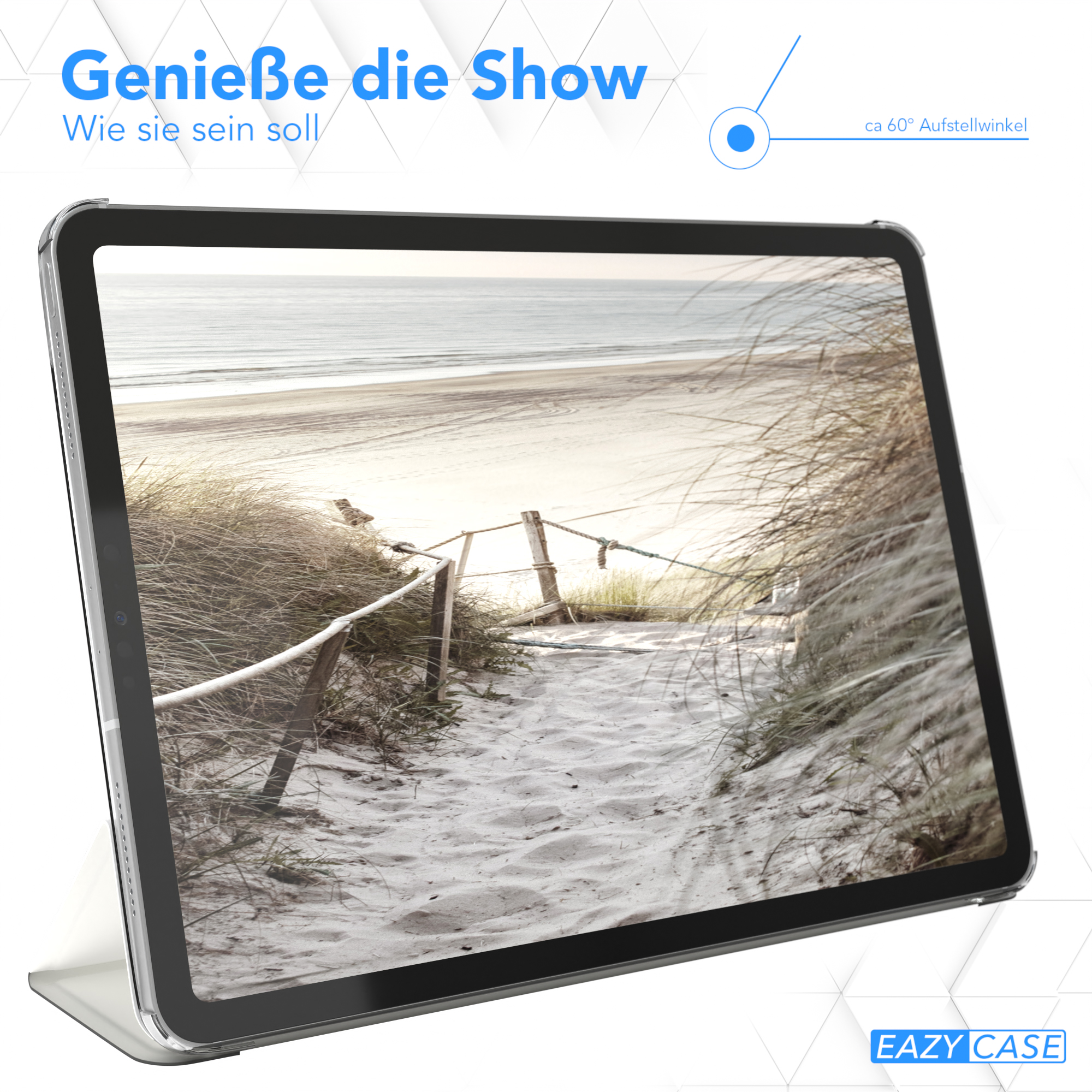 Tablet mit Strandansicht auf dem Bildschirm, auf einer Oberfläche abgewinkelt. Eine Schutzhülle ist vorhanden.