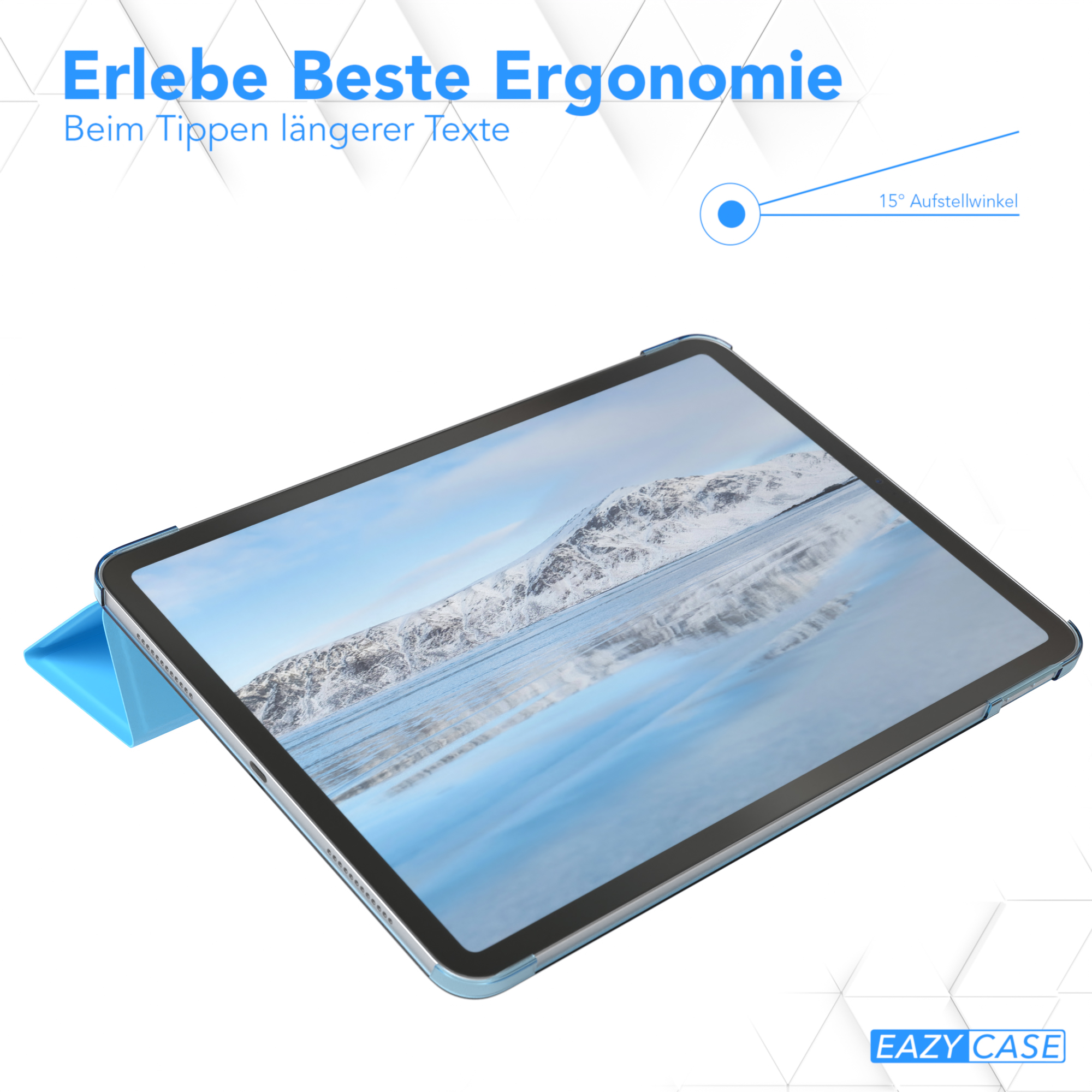 Tablet in blauem Gehäuse, leicht angewinkelt. Text oben: Erlebe Beste Ergonomie. Eazy Case-Logo unten.