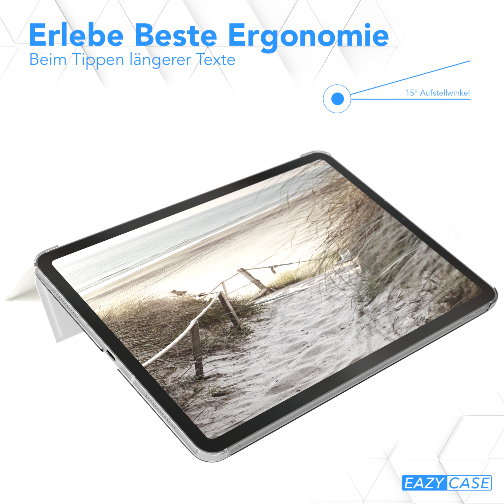 Tablet mit geöffneter Schutzhülle. Ein Strandbild ist auf dem Bildschirm. EAZY CASE Logo.