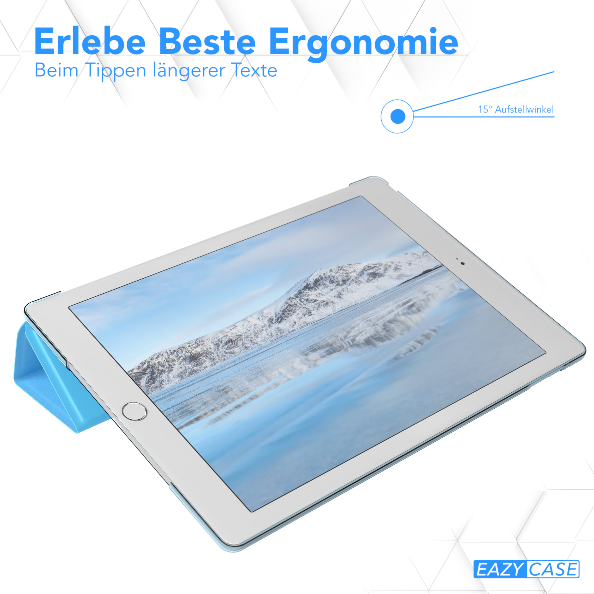 Ein Tablet in einem blauen Case, mit Ständer und Text über Ergonomie und einem Winkel von 15°.